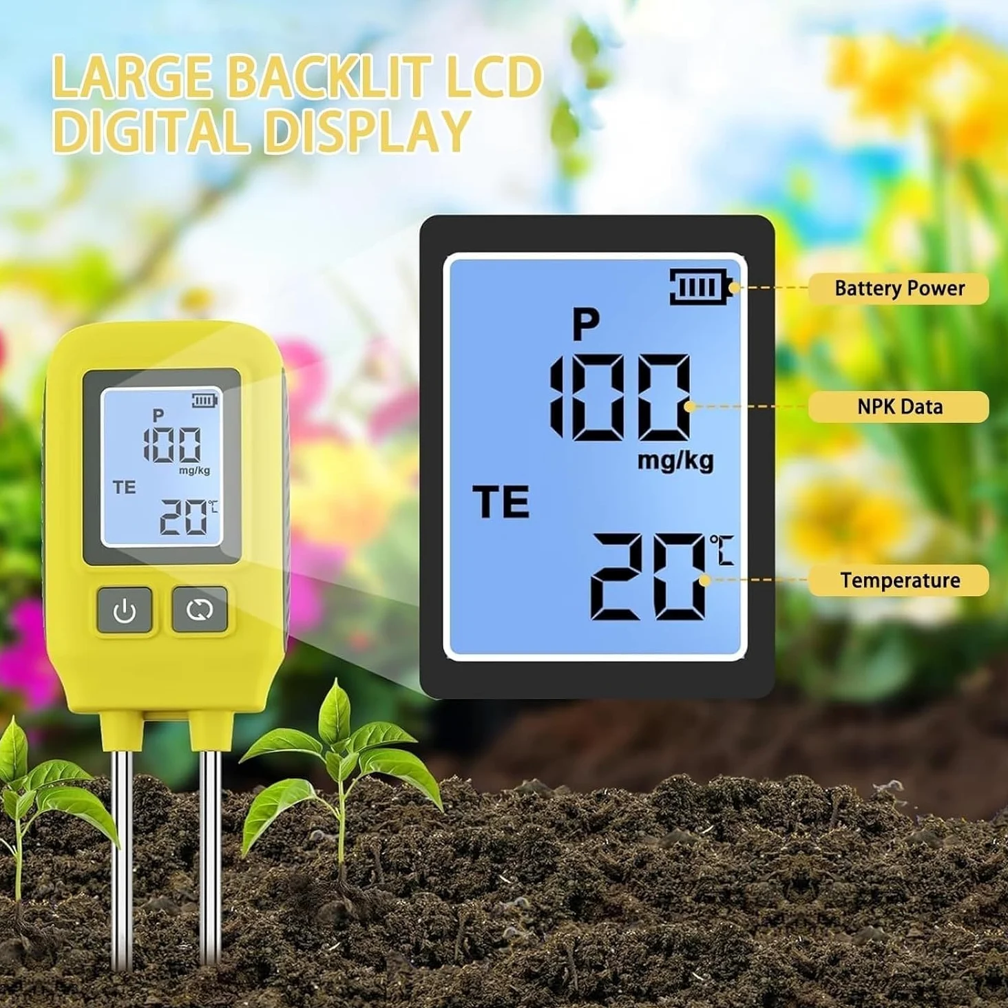 Analizador de suelo NPK 4 en 1, mide nitrógeno, fósforo, potasio y temperatura con alta precisión. Medidor digital de fertilidad del suelo con pantalla LCD, ideal for jardinería