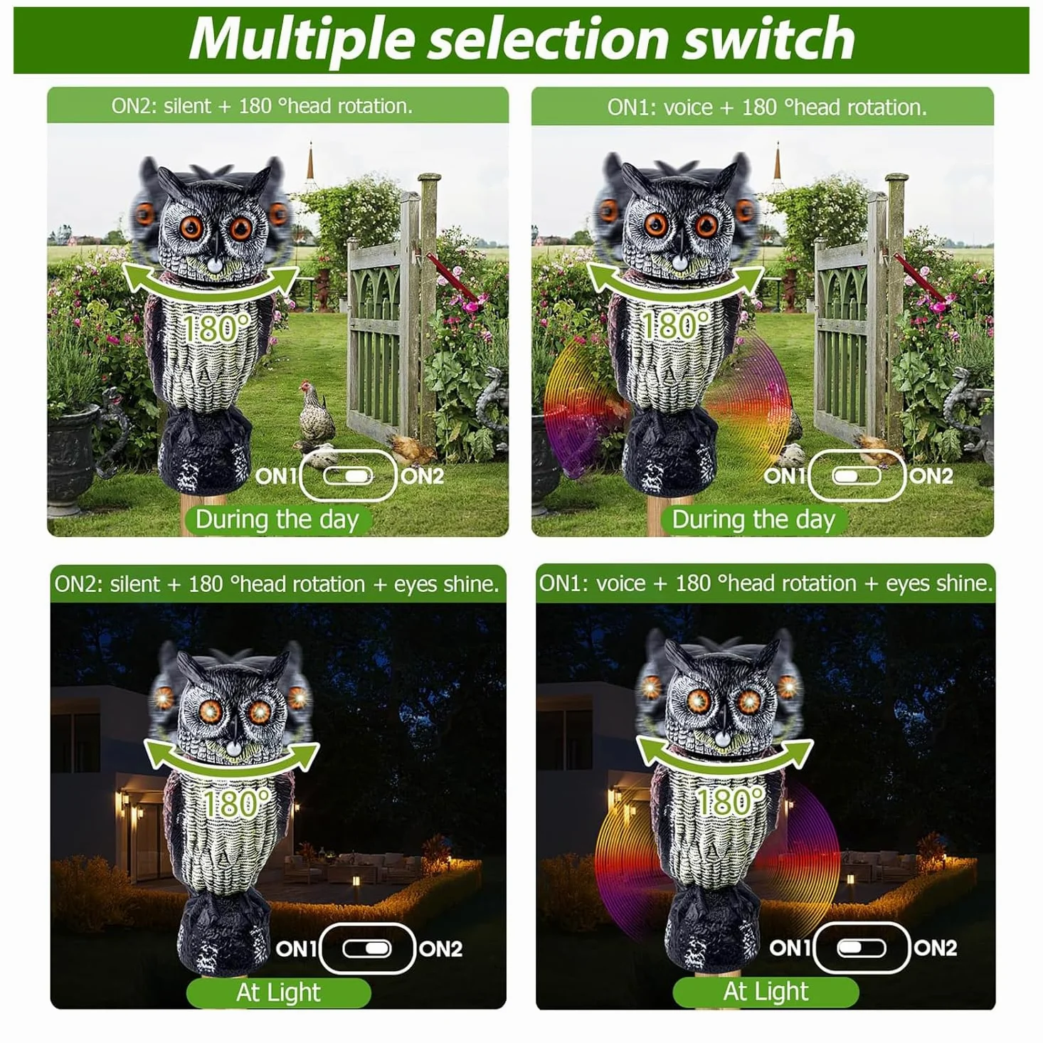 Buho Espantapajaros Solar, Buho Ahuyentador Palomas con Sonido, 43cm Alto | Buhos Espantapajaros Gira Cabeza, Figura Señuelo Búhos Decorativos Grandes para terraza balcon tejado huerto arbol