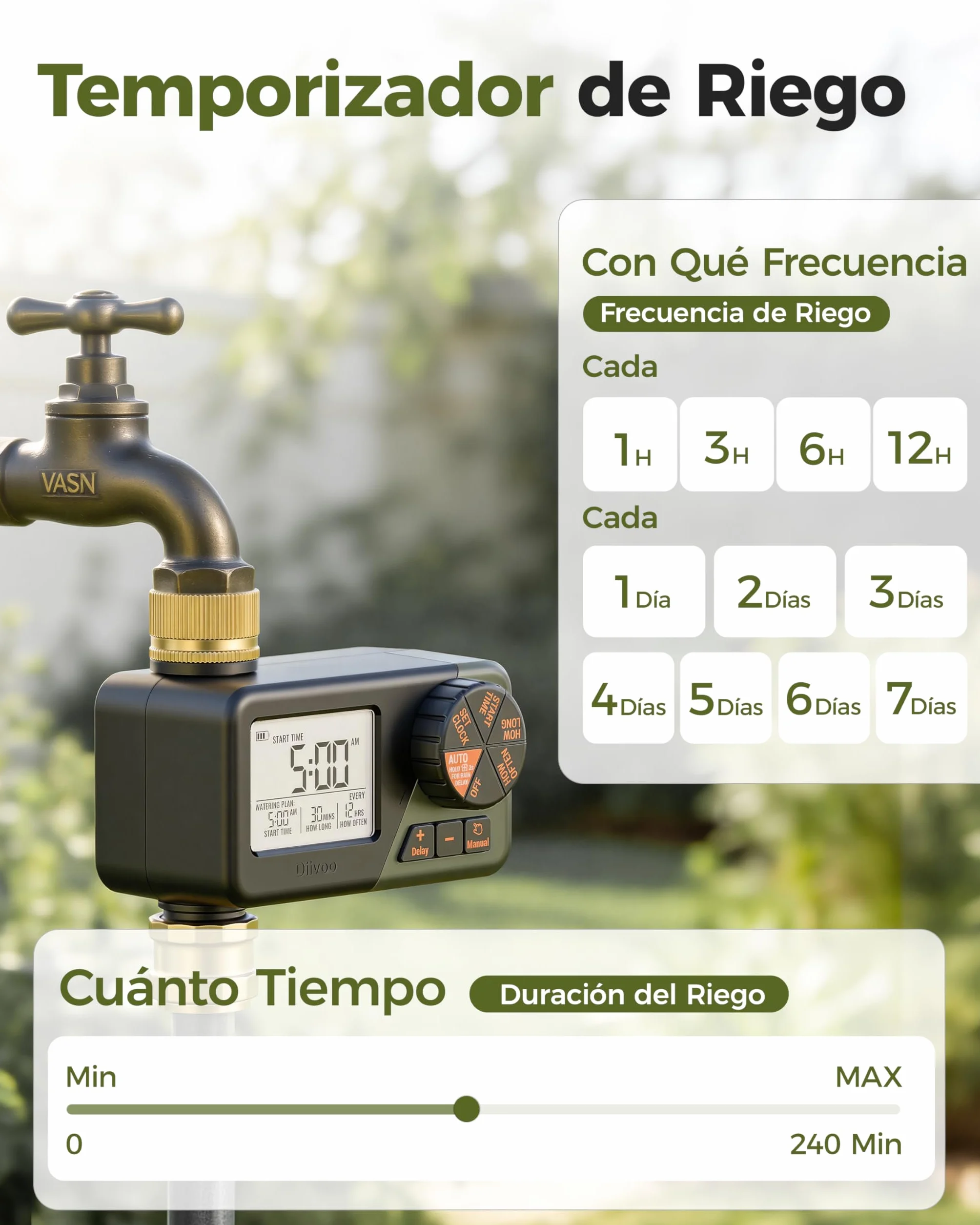 Diivoo Programador Riego con Entrada y Salida de Latón, Temporizador Riego Automatico con Impermeable IP66, Retraso por Lluvia, Riego Manual, Programador de Riego a Pilas para Jardín, Césped