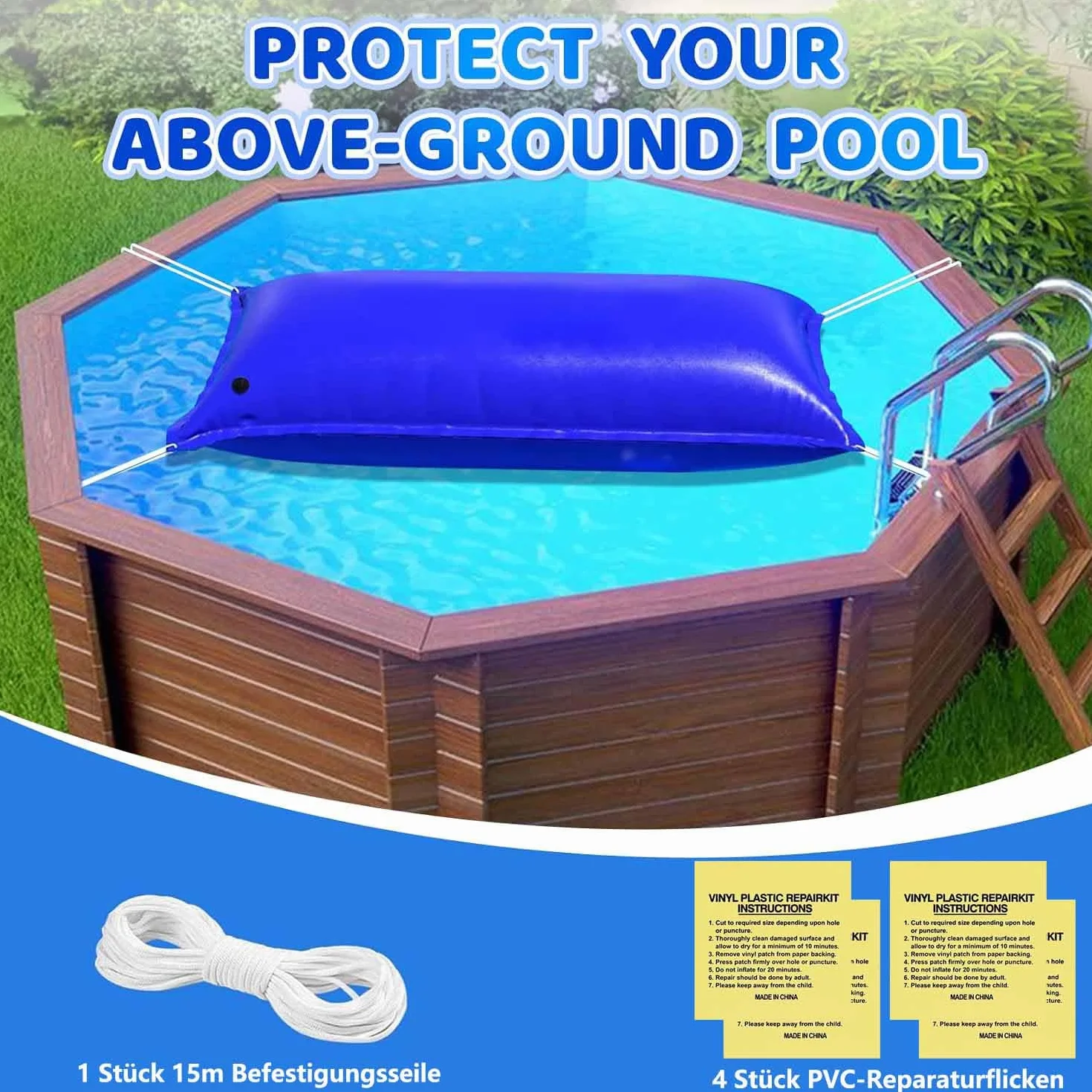 Panngu Cojín de piscina de 200 x 400 cm, cojín de aire para piscina de invierno XXL con bomba, globo de piscina de invierno, incluye kit de reparación para protección de piscina resistente al invierno