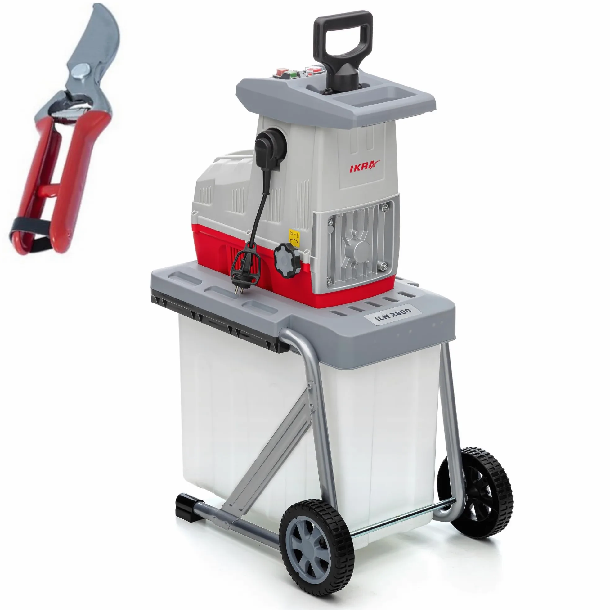 IKRA trituradora eléctrica ILH 2800, incluye tijeras de podar | Motor alto rendimiento,silencioso, robusto, 2800 V, alimentación automt. de ramas, marcha atrás, grosor ramas de hasta 44 mm