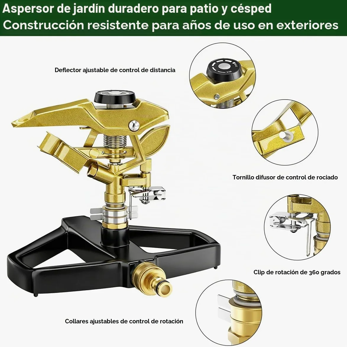 FANHAO Aspersor de Impacto Pesado para Césped con Base metálica, Cabezal Pulsante Ajustable de 360°, Cubre hasta 540 m² para Jardín, Patio y Parterre