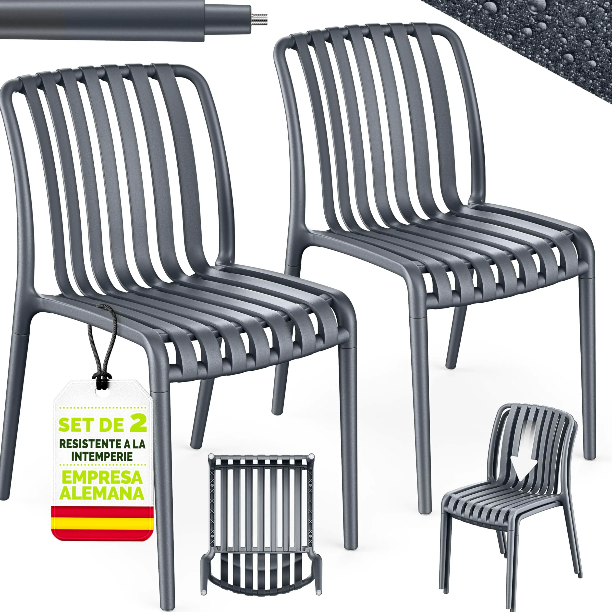 tillvex Juego de 2 sillas de jardín apilables, resistentes a la intemperie, sillas de exterior de hasta 120 kg, sillas de jardín para exteriores, muebles de terraza, balcón, jardín, terraza