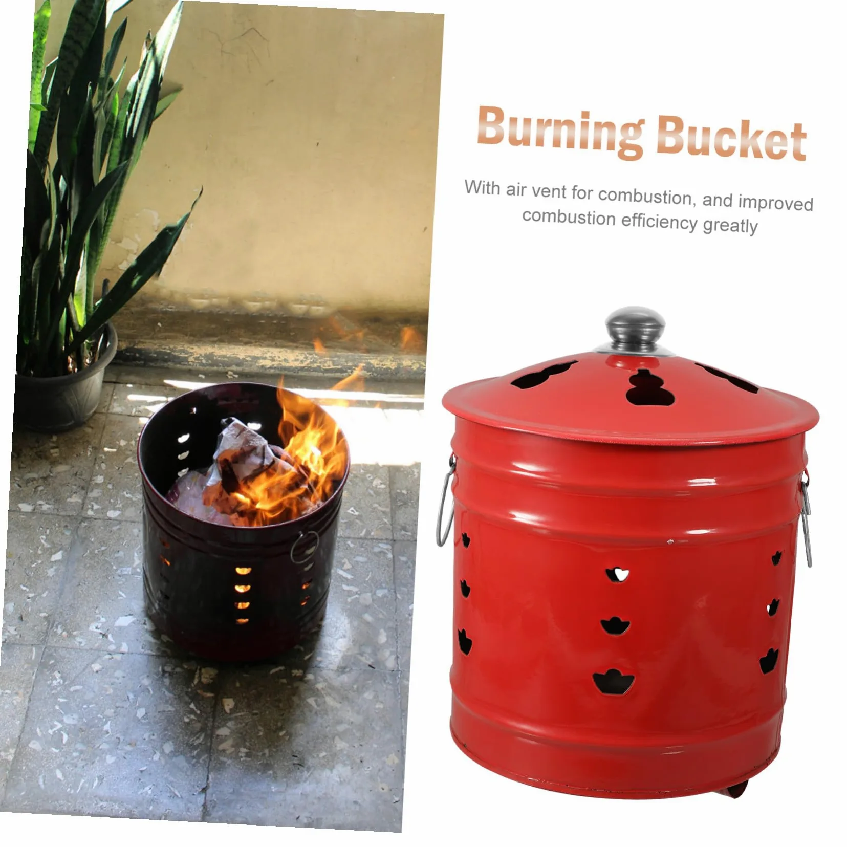 Cubo para Quemar Papel de Esmalte Rojo Duradero para Incineración | Ventilación para Mejor Combustión, Uso en Jardín y Hogar, Ayuda a Mantener Orden Estilo Aleatorio