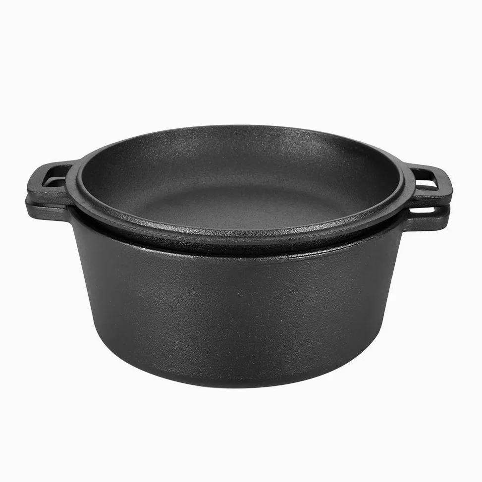 Olla holandesa de hierro fundido Dutch Oven doble con asas, 4,5 litros, cacerola con tapa para camping cocina casera BBQ Bake, 26 x 26 x 12 cm