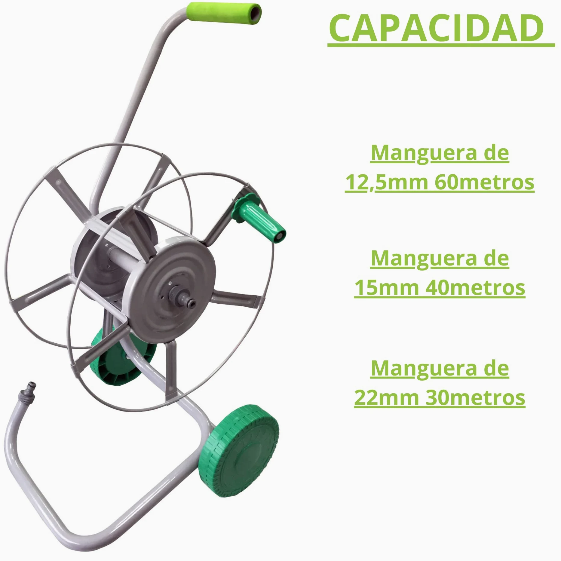 Carro para recoger mangueras, capacidad para 60 metros de manguera, cuenta con 2 ruedas para el fácil transporte, cuerpo fabricado en metal.Cuenta con 2 conexiones rápidas para la alimentación de agua