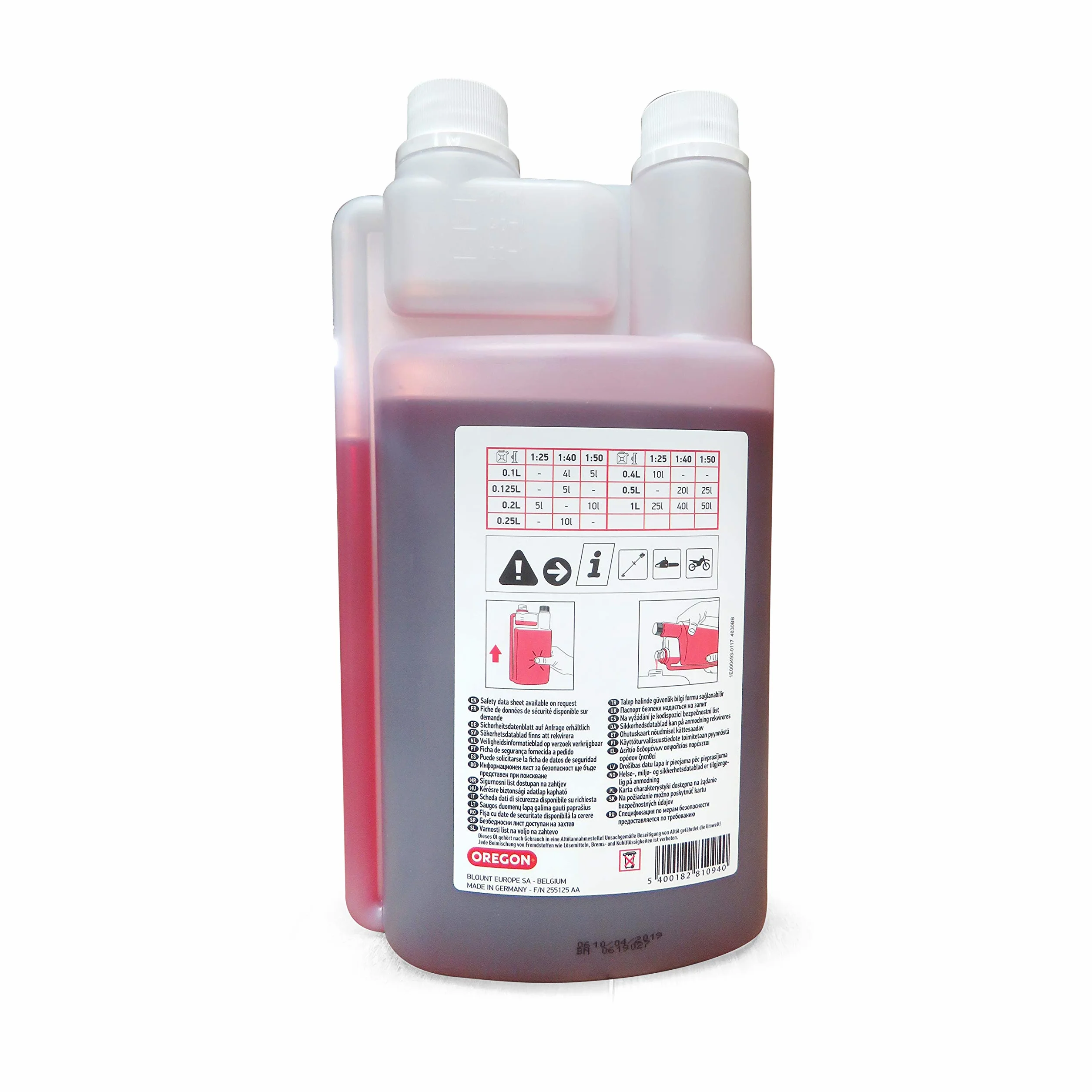 Oregon Aceite de Motor de 2 Tiempos, Aceite Mineral Semisintético para Mezcla, Combustión Limpia, Bajo Contenido de Cenizas, Protege el Motor, 2T, 1 Litro, Doble Cuello (O11-1140)