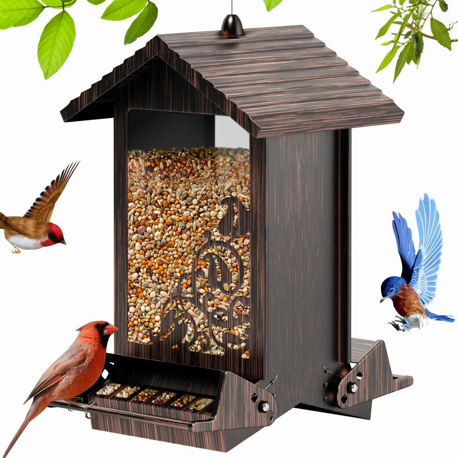 Comedero para pájaros a prueba de ardillas para colgar al aire libre, comedero de semillas de pájaros de metal con perchas bilaterales activadas por peso, comederos de pájaros silvestres de gran