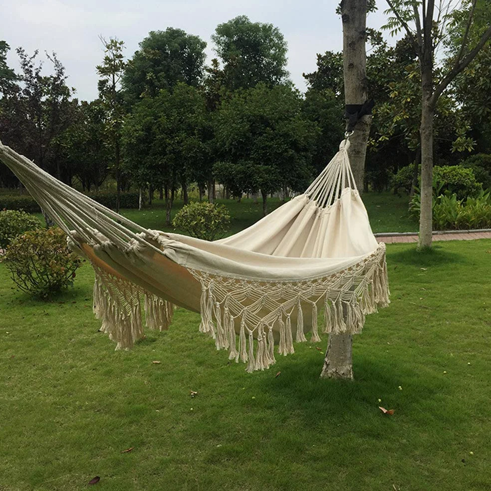 Hamaca de algodón tejida a mano para balcón, silla colgante de cuerda, columpio de porche con flecos de ganchillo para patio trasero, patio, jardín, exterior e interior, estilo bohemio, blanco natural