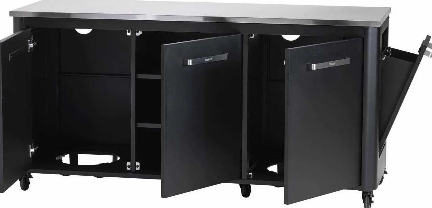 Cozze® Cocina de Exterior 180 con encimera INOX – módulo de Cocina Exterior Modular con 3 Puertas, Cubo de Basura Integrado, Soporte para 2 bombonas de Gas, 6 Ruedas, Carga 150 kg