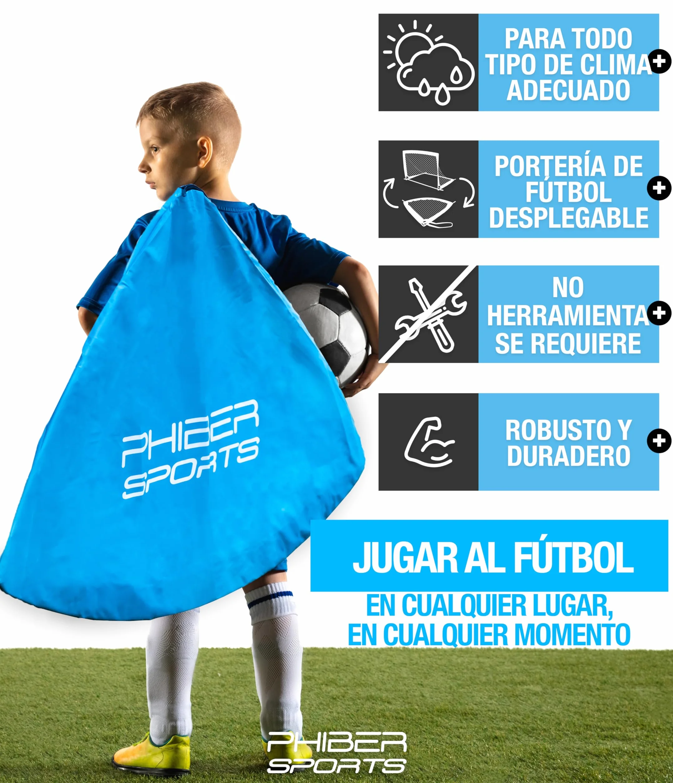 PHIBER-SPORTS Portería de Fútbol para Niños 2026 Postes de Fibra de Vidrio Reforzados Bolsa de Transporte