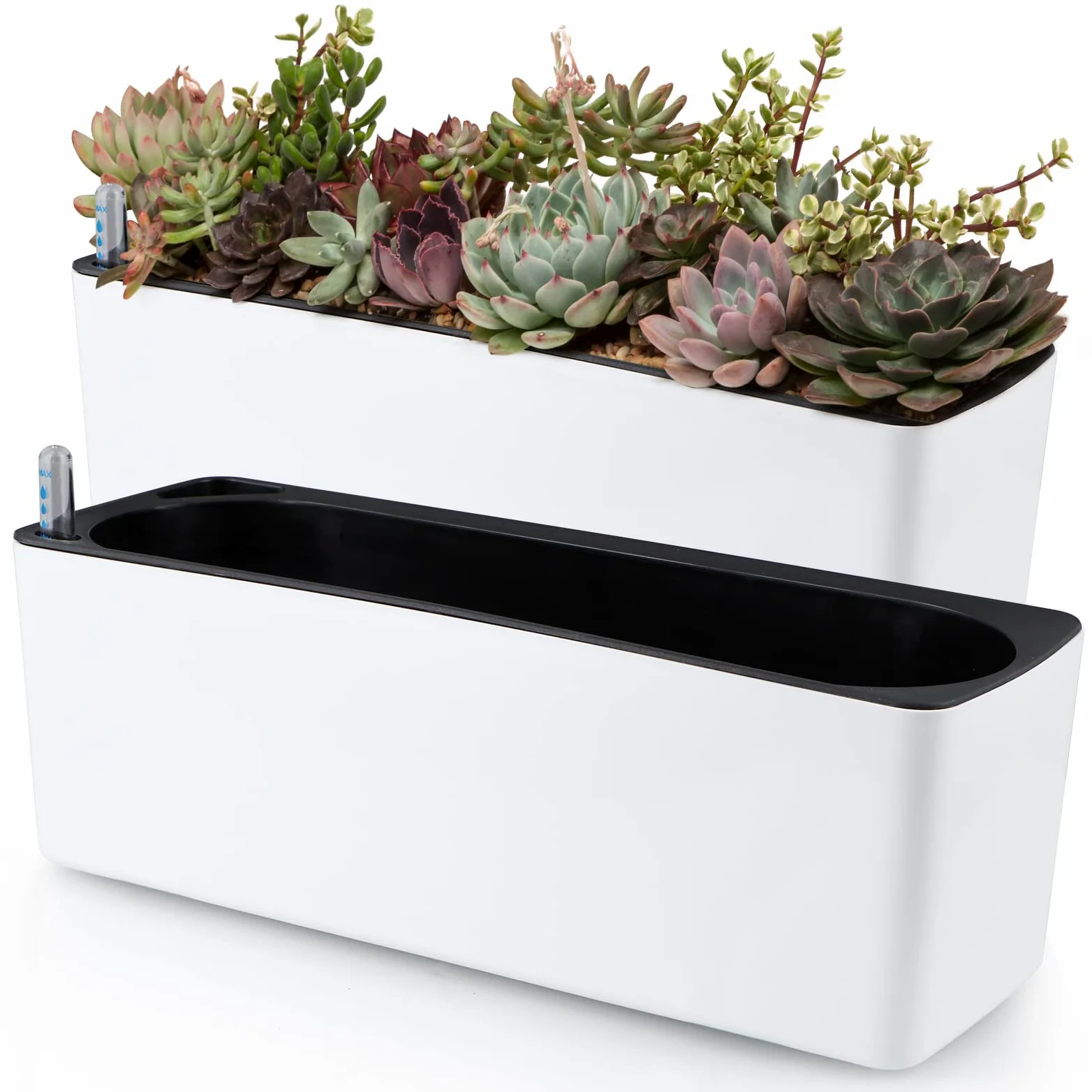 Skelang 2 Pcs Macetas de autorriego, Maceta Rectangular con indicador de Nivel de Agua, Jardinera para Plantas de Interior, suculentas, brotes, Pimienta