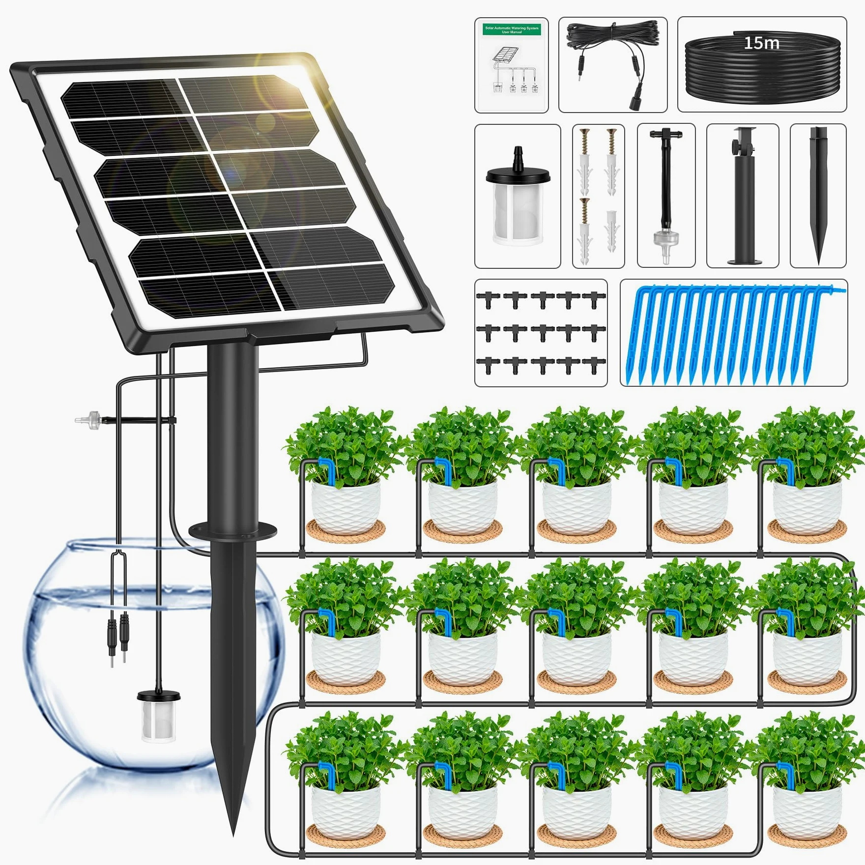 Forever Speed Sistema de Riego Automático Solar 6 Modos con sensor de Agua, Kit de Sistema de Riego por Goteo Automátic con Manguera de 15 M para Jardín, Balcón
