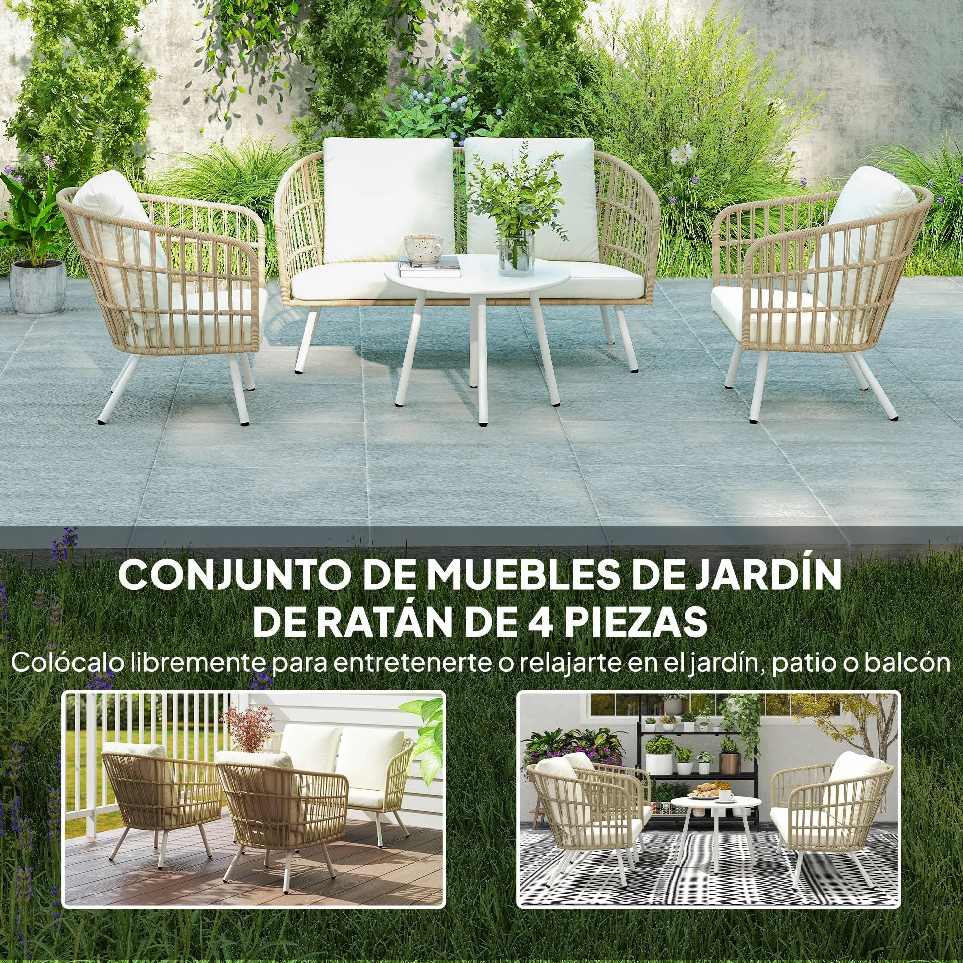 Outsunny Conjunto de Jardín Exterior de Ratán Sintético de 4 Piezas Muebles de Jardín Exterior con Sofá de 2 Plazas 2 Sillones 1 Mesa de Centro de Metal con Cojines Crema y Natural