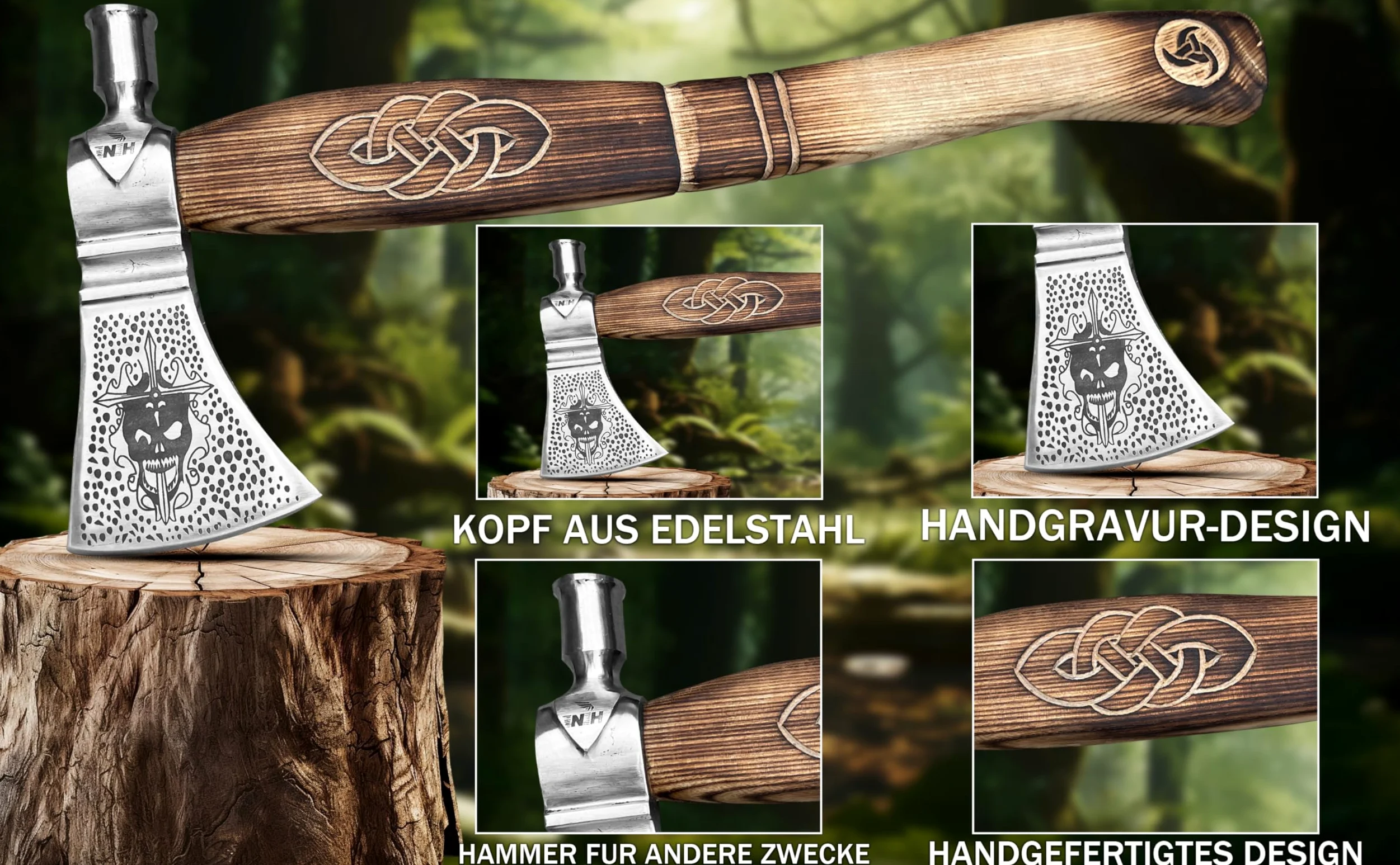 Novahaven Mjölnir - Hacha forjada a mano para exteriores de 46 cm con polo martillo, regalo y decoración de acero al carbono, mango de madera de fresno tallada, funda de cuero, para camping