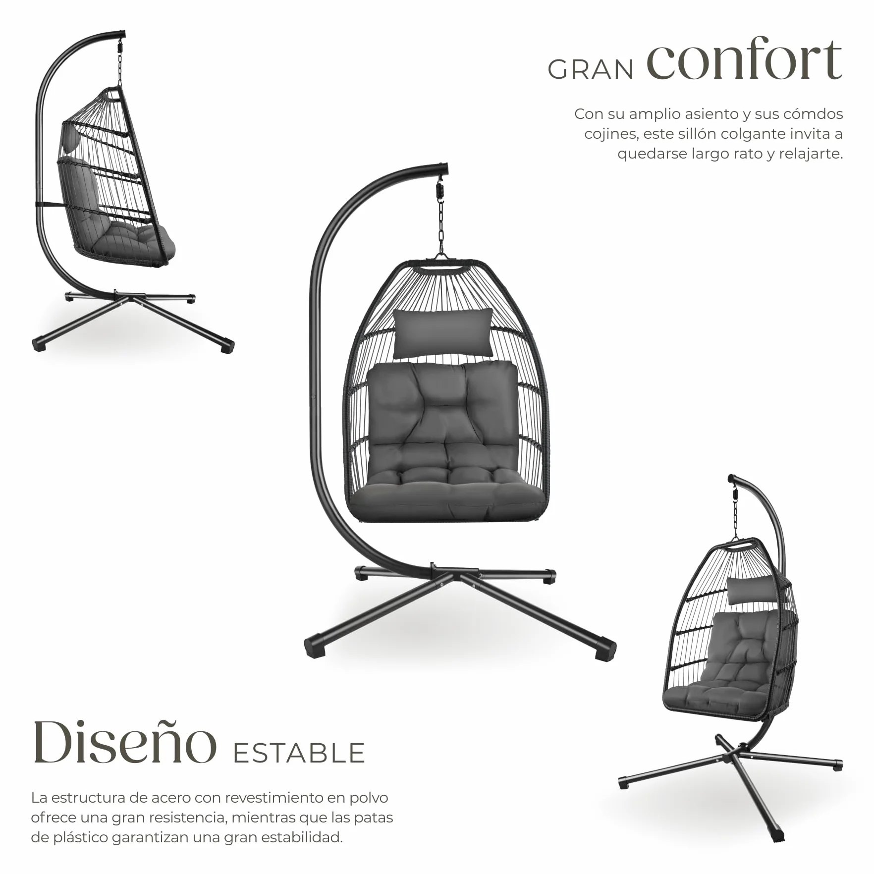 tectake® Columpio Jardín Exterior, Silla Colgante con Cojín Extragrueso, Sillón Balancín con Estructura de Acero y 4 Pies en Base, Hamaca Colgante Interior/Exterior, Plegable, Capacidad 160Kg - Gris