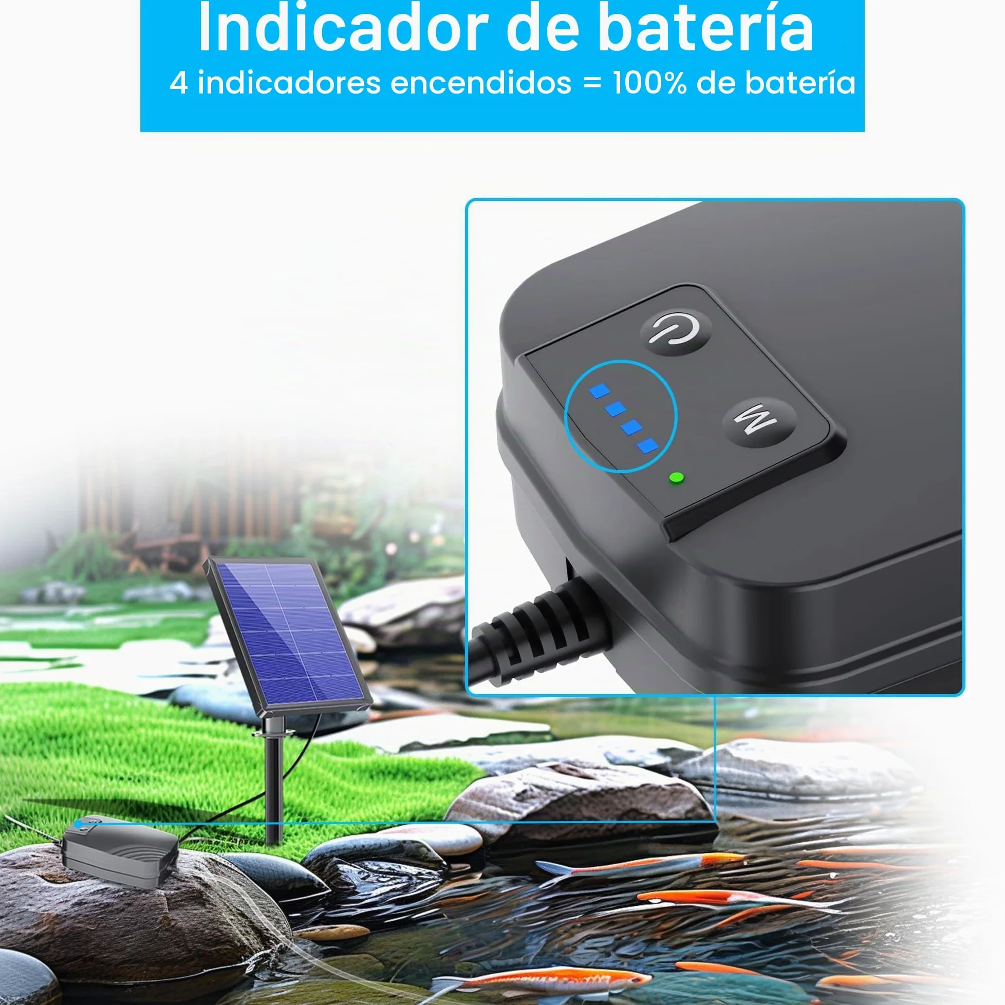 Biling Bomba de Oxígeno para Estanque Solar, 4W Bomba de Oxígeno con 2200mAh akk, Bomba de Oxígeno para Estanque, 3 Modos, 2 Piedras de Aire para Estanque de Jardín, Pesca, Hidropónica