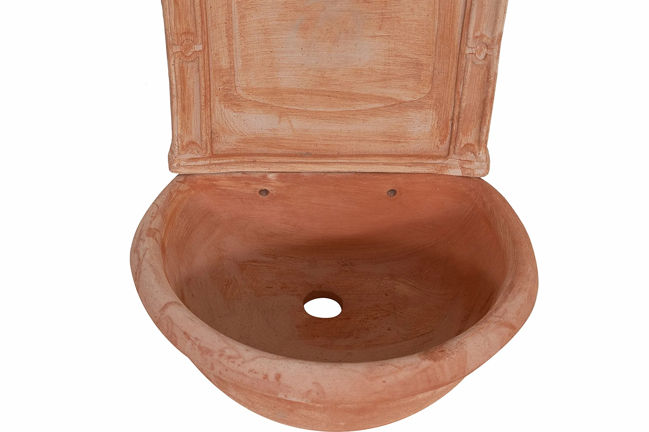 Biscottini Fuente de jardín exterior 45 x 36 x 64 cm – Fuente de pared de terracota hecha a mano – Fuente de jardín – Fuentes de pared – Lavabo decorativo de terracota con bañera y respaldo