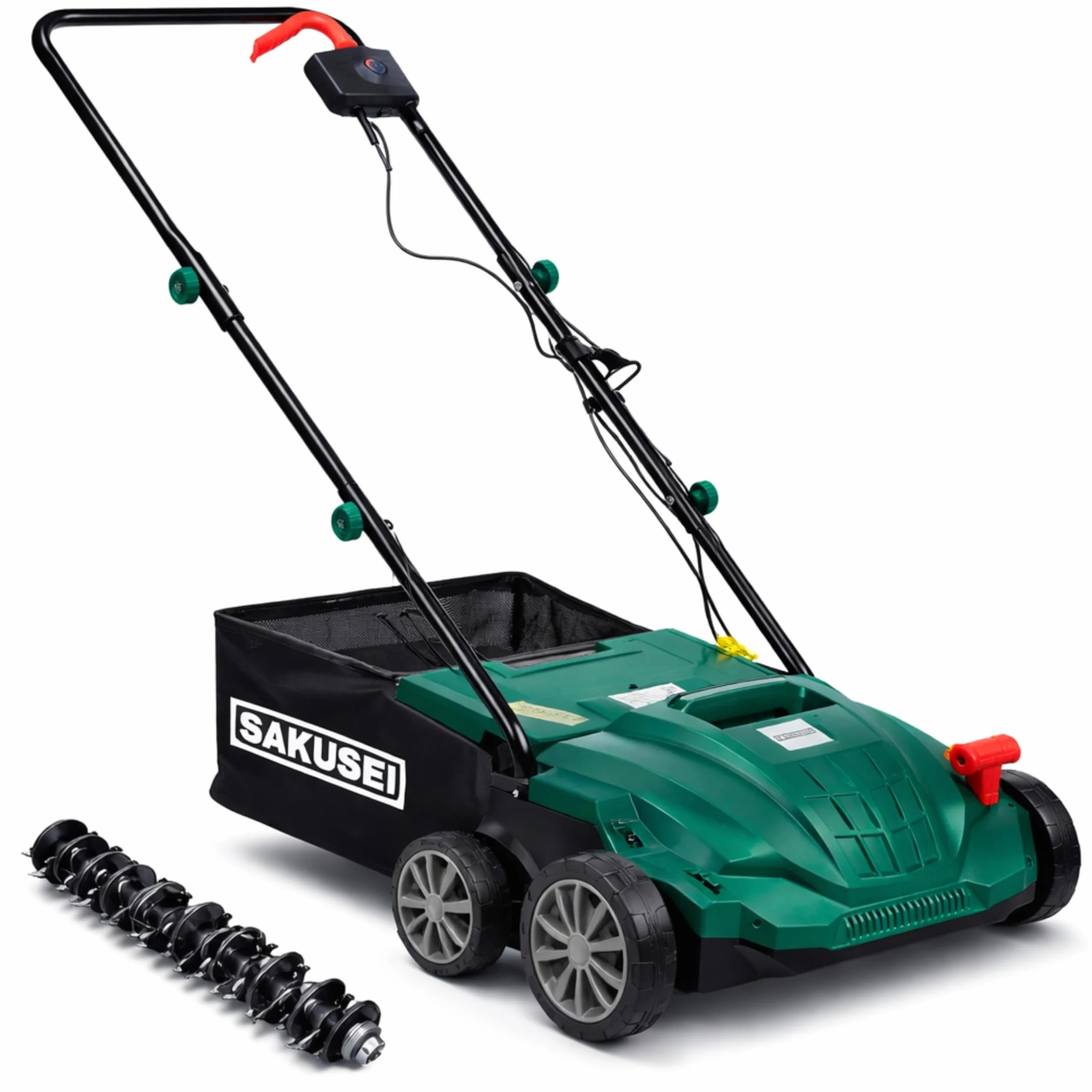 Escarificador/rastrillo/aireador eléctrico 1500 W, eliminación de hojas muertas y musgo, aireador de tierra, bolsa de 30 litros, cable 10 m