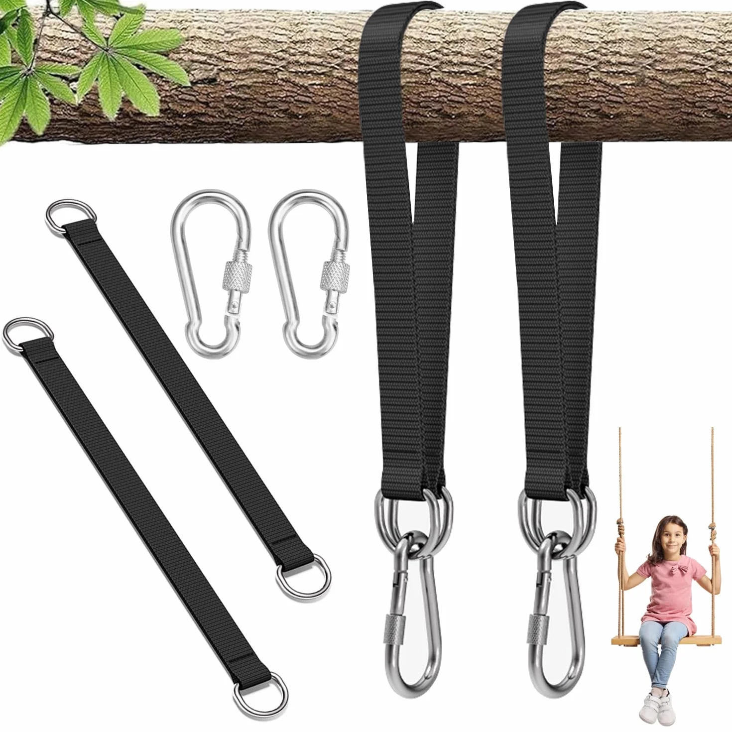 2 Piezas Correas de Hamaca, Kit de Correas para Colgar Columpios, Hamaca Correas árbol con 2 Mosquetón y Anillos en D, Hamacas de Fijación para Jardín, Columpio, Columpio de árbol, Hamacas, 50cm× 25mm