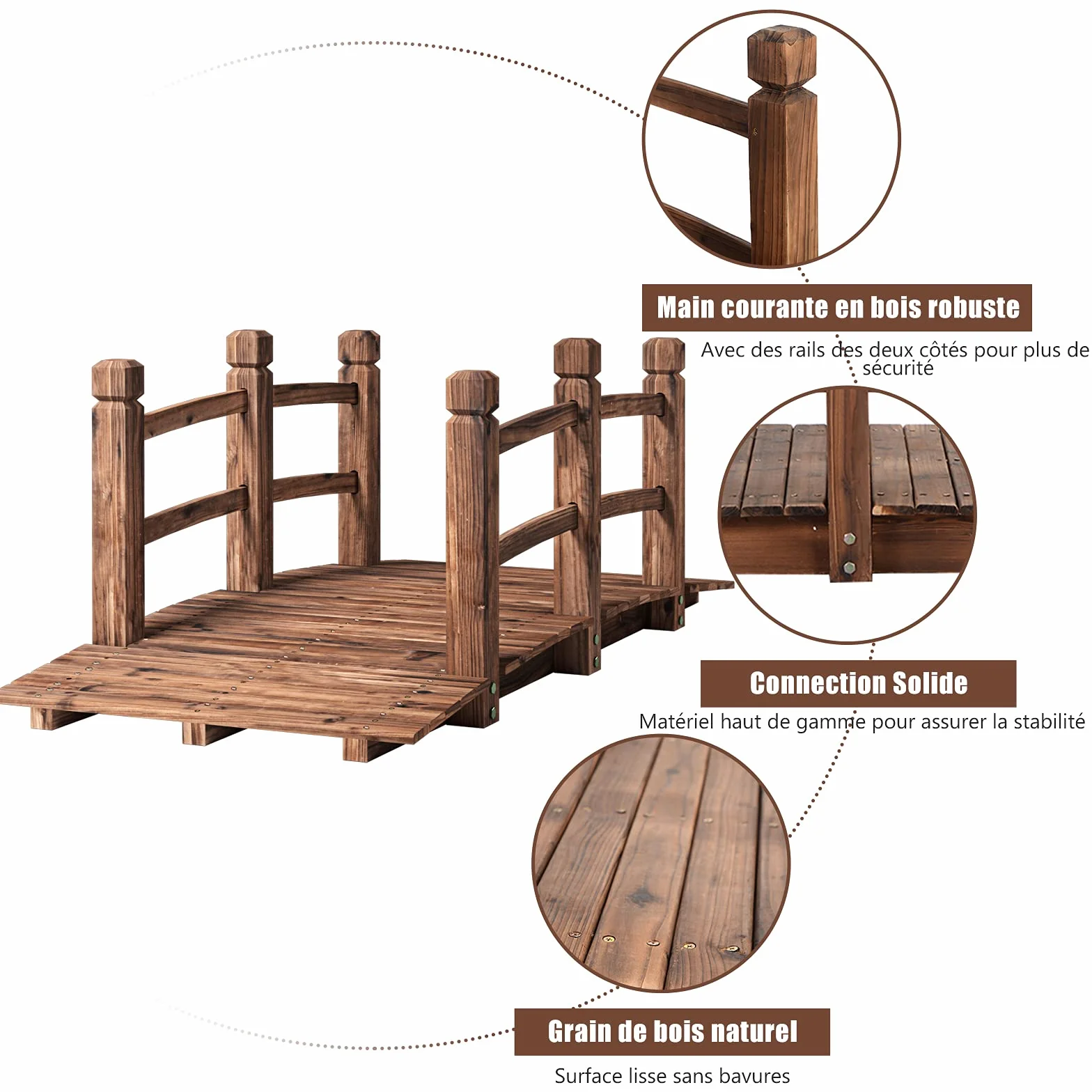GOPLUS Puente de Madera rústico y Macizo, con Mano Corriente, decoración de jardín, Puente de Estanque, soporta un Peso máximo 100 kg, 150 x 67 x 55 cm (marrón)