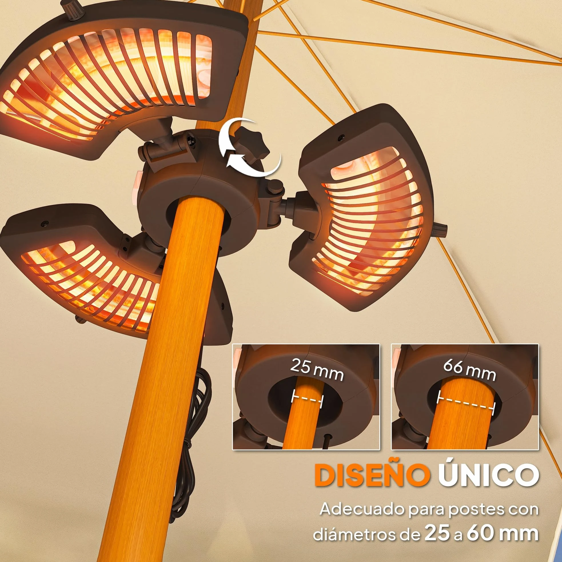 Outsunny Calefactor por Infrarrojos para Parasol 800/1600/2400W Negro | Estufa Exterior Eléctrica de Aluminio, 3 Niveles de Calentamiento, Protección Antivuelco, IP44, para Terraza Patio Jardín