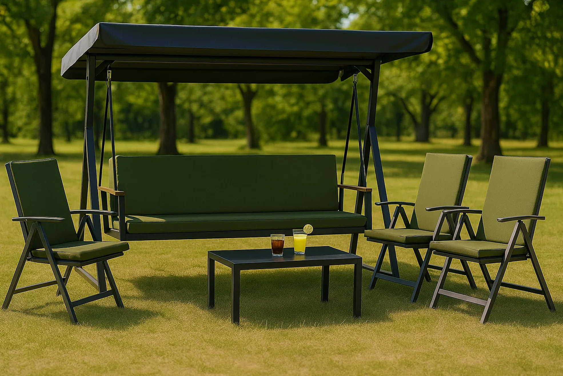 Cojín para columpio de jardín, 7 cm de grosor, acolchado para asiento y respaldo, funda extraíble, reversible, juego de cojines de jardín (verde oliva, 160 x 50 x 50 cm)
