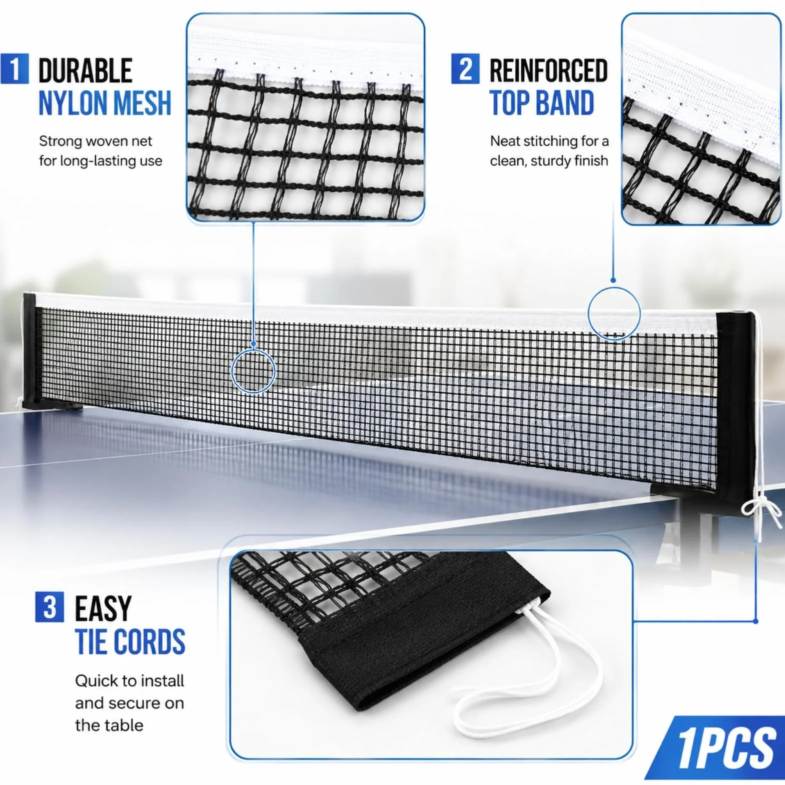 Red de Ping Pong de Poliéster-Algodón Negro 1.75m, Repuesto para Mesa de Tenis, Universal Interior y Exterior