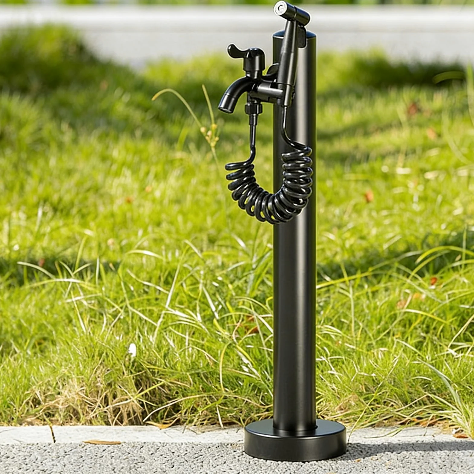 Columna de agua independiente para exteriores con doble grifo, soporte de manguera de acero inoxidable para patio y césped