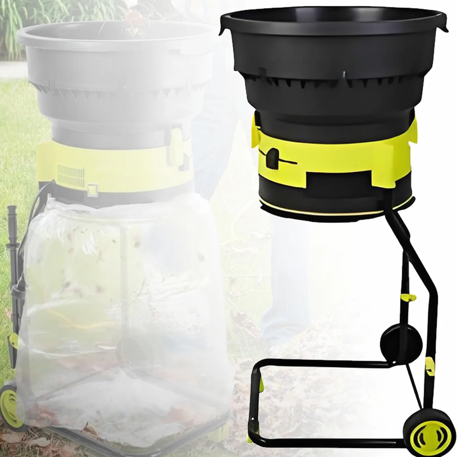 Trituradora eléctrica de jardín con ruedas grandes y tolva, tamaño de trituración ajustable para hojas en mantillo rico en nutrientes