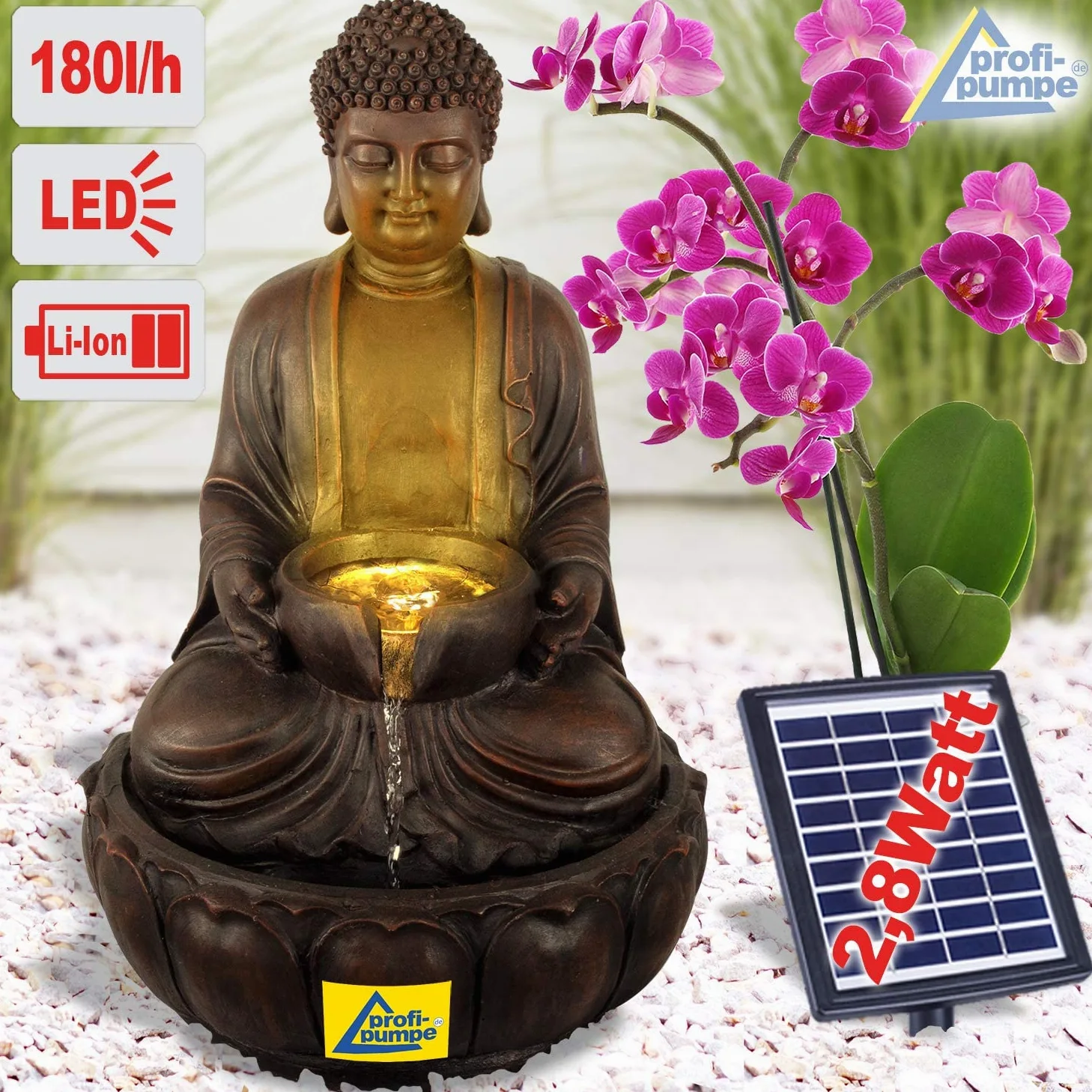 Fuente para Jardin Fuente de Tranquilidad Buda Fuente de Agua con iluminacion Solar para Jardin, terraza, Balcon Buda con Bomba, bateria de Iones de Litio y luz LED