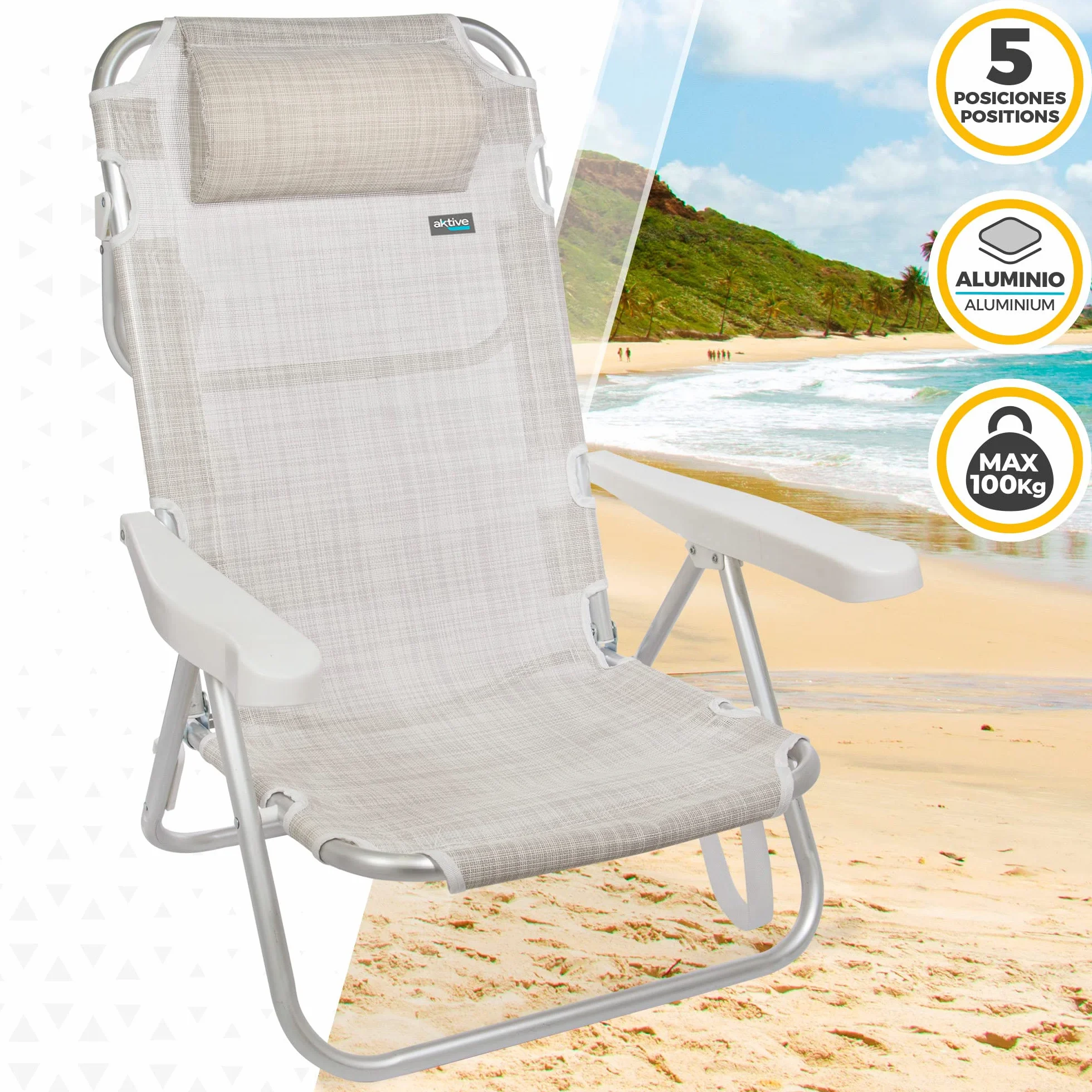 Aktive 62254 - Pack de 2 sillas plegables multiposición para playa, jardín, terraza o camping, 5 posiciones diferentes, Altura 21 cm, medidas 48x45,5x84 cm, Reforzadas, incluye asa de transporte