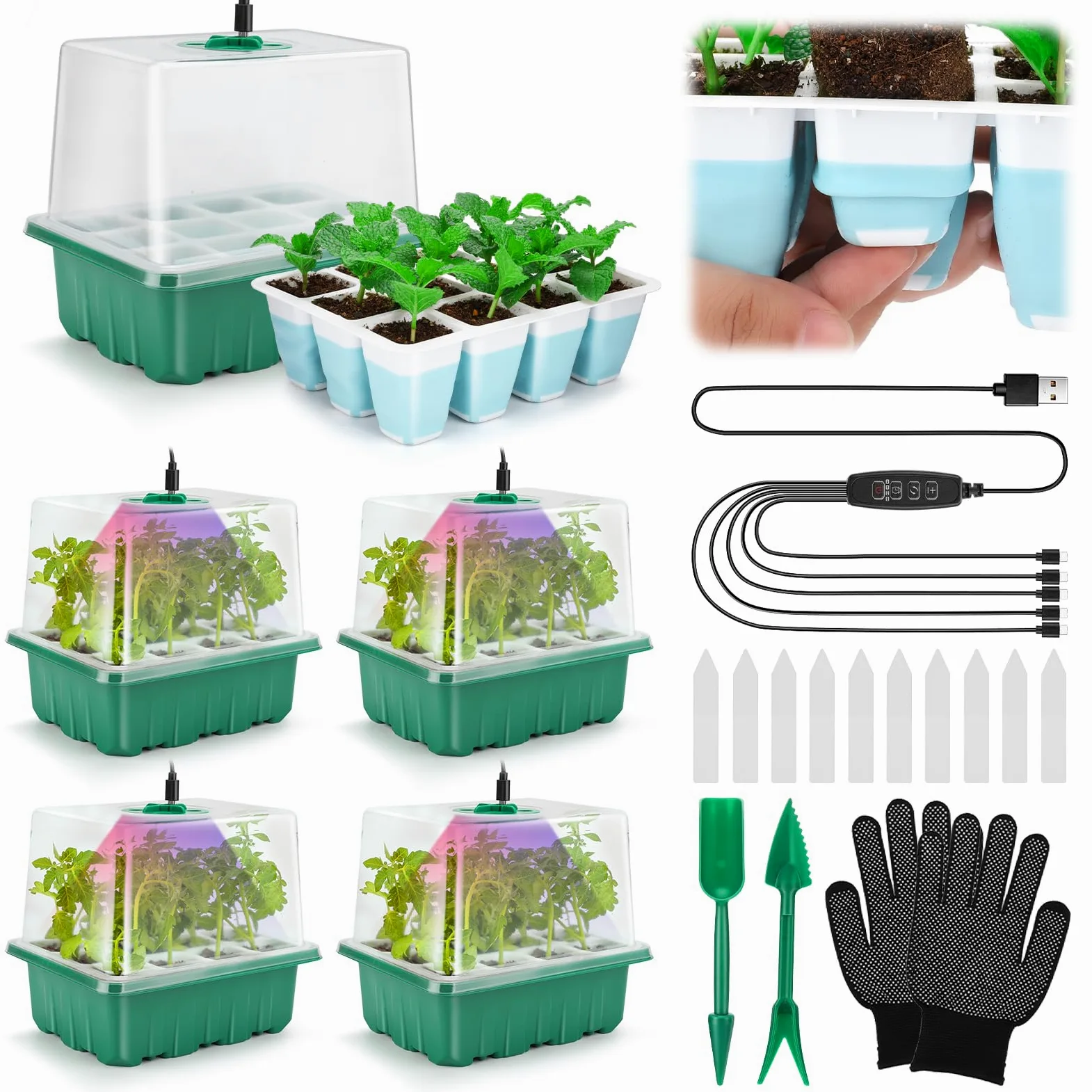 Bandeja de inicio de semillas con luz de crecimiento, 60 celdas flexibles, 5 piezas de kit de iniciación de semillas, bandejas reutilizables para inicio de plántulas con cúpula de humedad y tapa alta,
