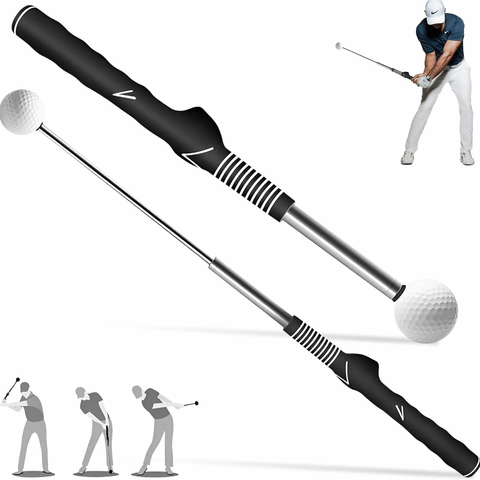Entrenador Swing Golf Retráctil con Sonido Clic Rítmico, Ayuda Portátil Corrección Postura Agarre para Práctica
