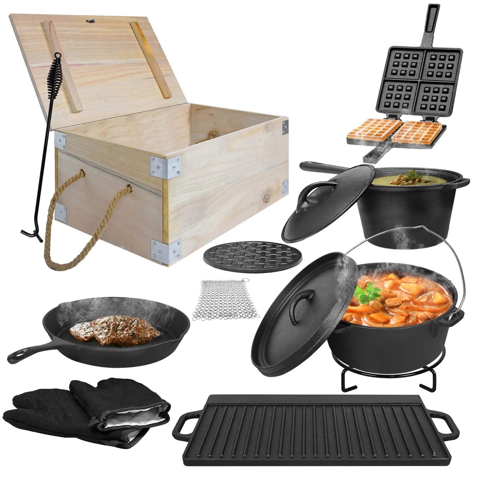 BBQ Dutch Oven Set de 12 piezas, olla de hierro fundido, olla de 3,6 litros en caja de madera, accesorios para barbacoa con placa de parrilla