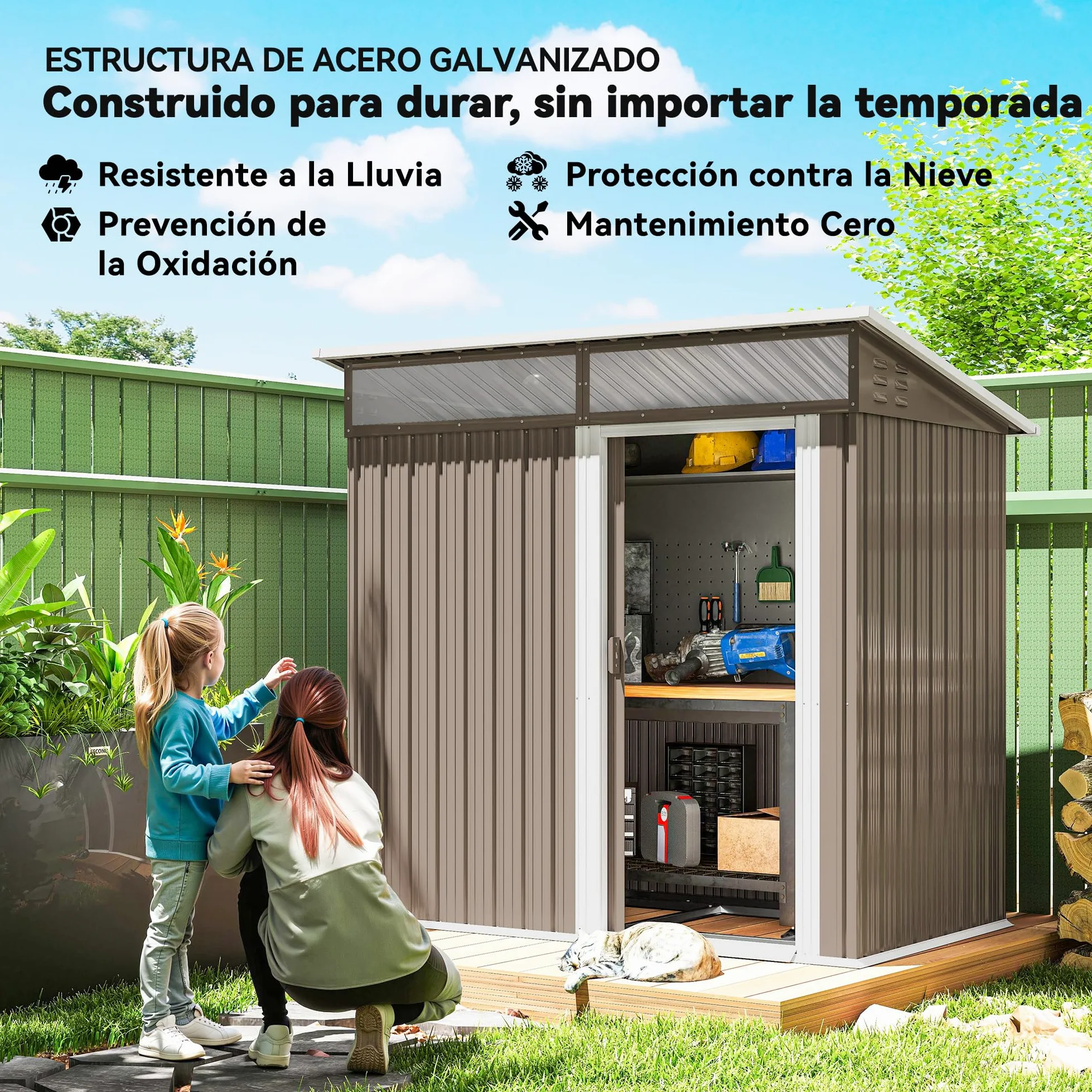 Outsunny Caseta de Jardín Exterior 1,9m² 195x122x182 cm Marrón | Cobertizo de Jardín Exterior, Base Refuerzo, Suelo NO Incluido, Puerta Corredera, Ventanas, para Patio