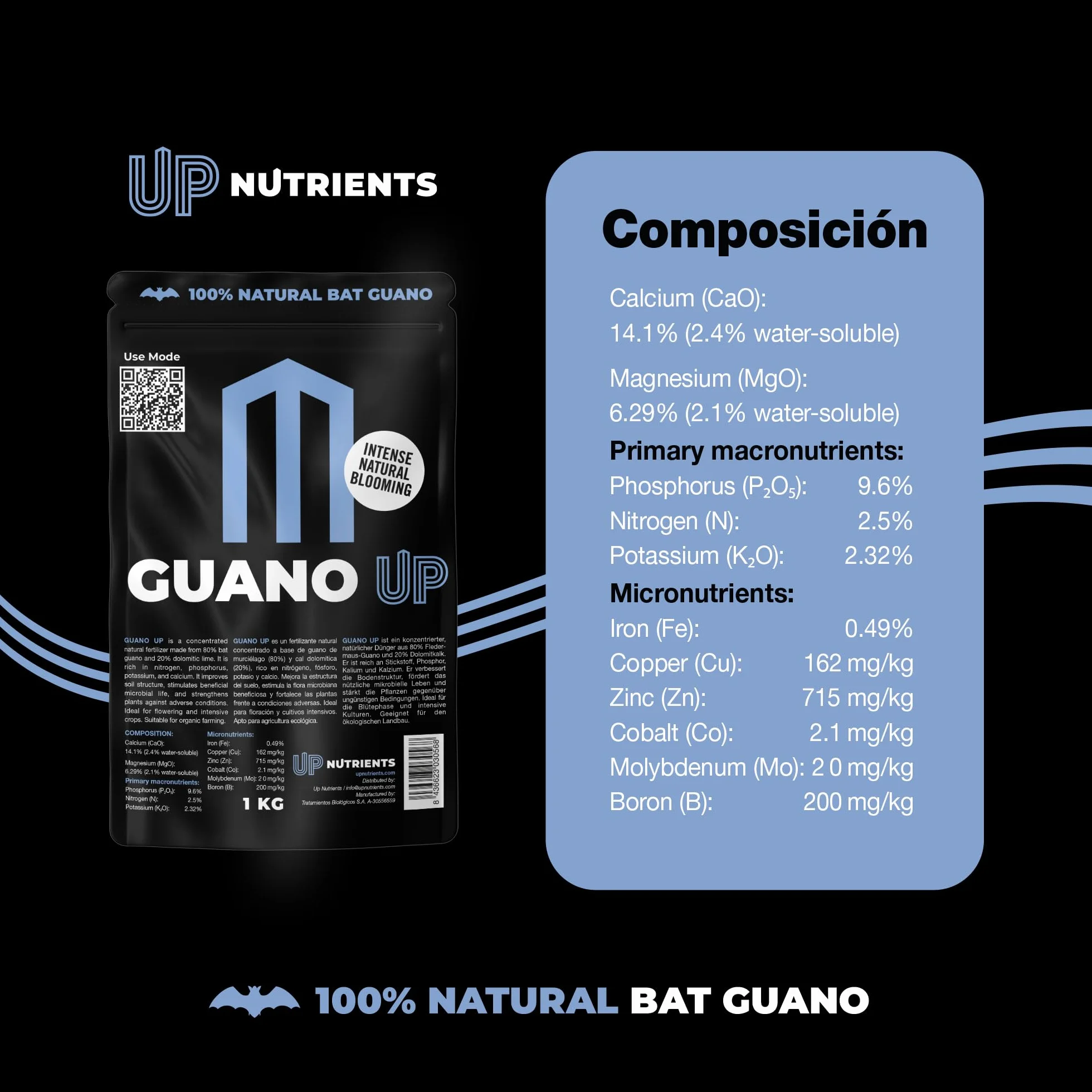 UP NUTRIENTS Fertilizante GUANO UP de Murcielago 100% Natural 1 Kg | Abono Natural con Cal Dolomita | Plantas y Cultivos | Agricultura Ecologica Floracion Intensa, Mejora Sustrato y Crecimiento