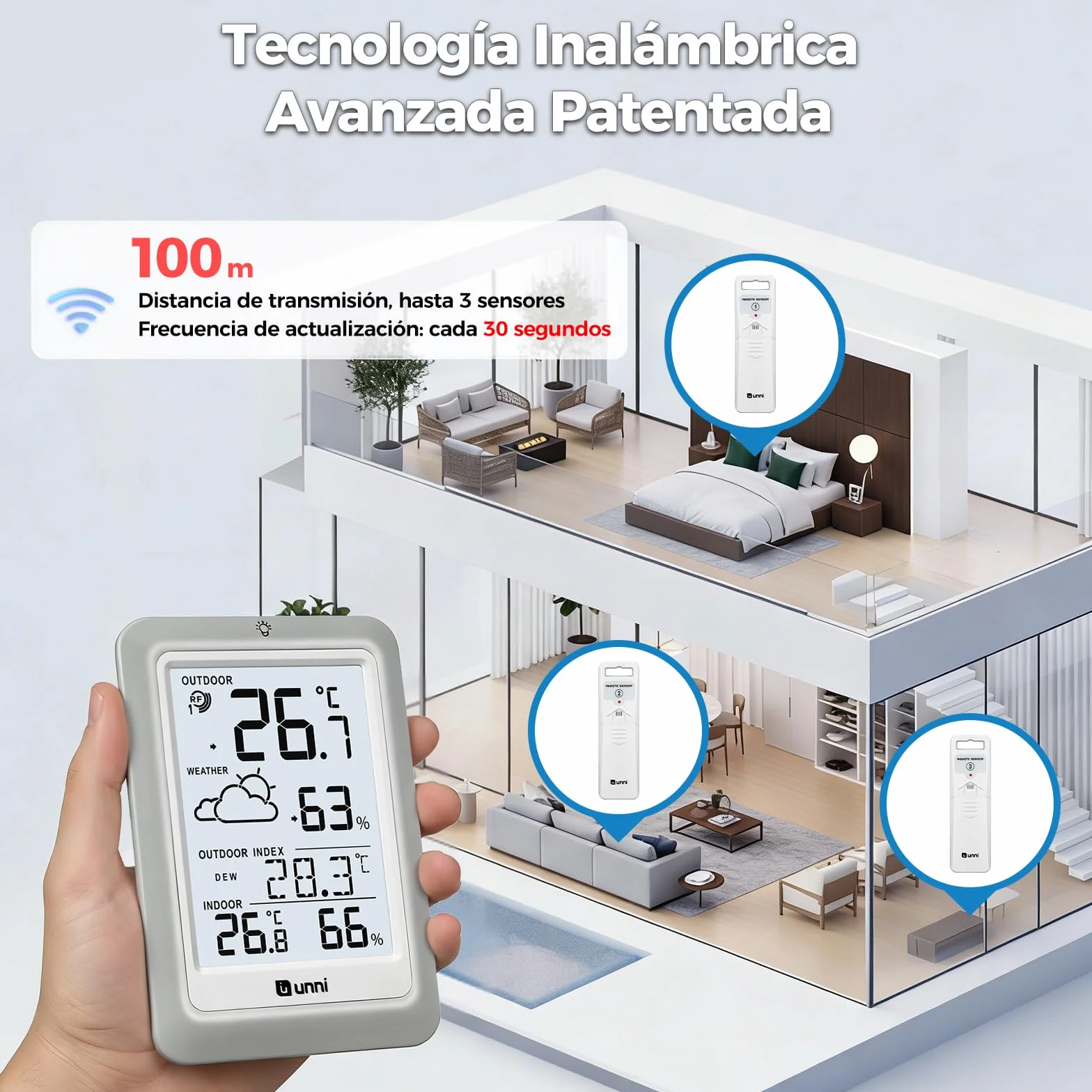 Termómetro inalámbrico para interiores y exteriores funciona con baterías, Sensor remoto de 100 m de alcance y pantalla con retroiluminación