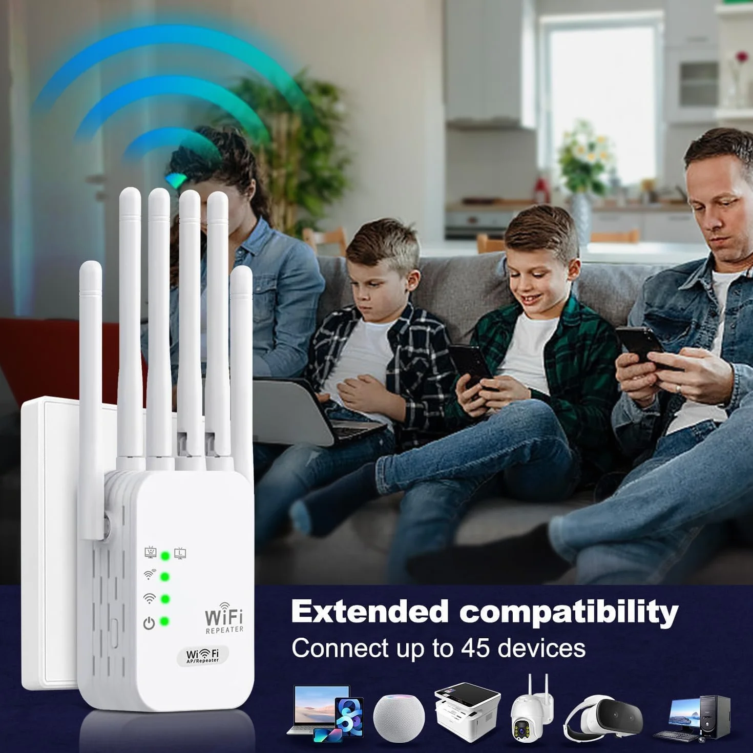 Repetidor WiFi 1200Mbps 2.4GHz Extensor Señal 6 Antenas Puerto Ethernet