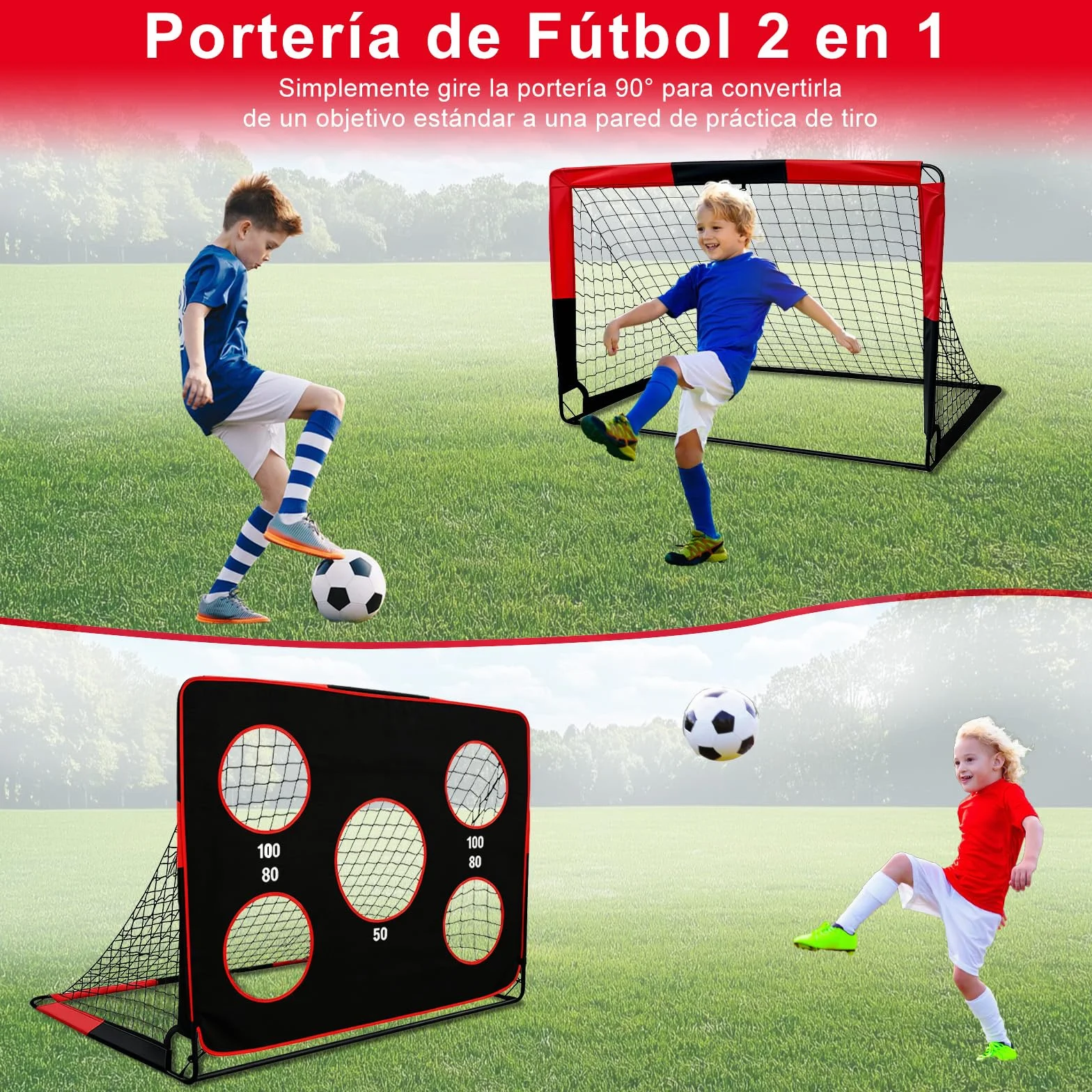Portería de fútbol infantil 2 en 1 plegable con bolsa de transporte