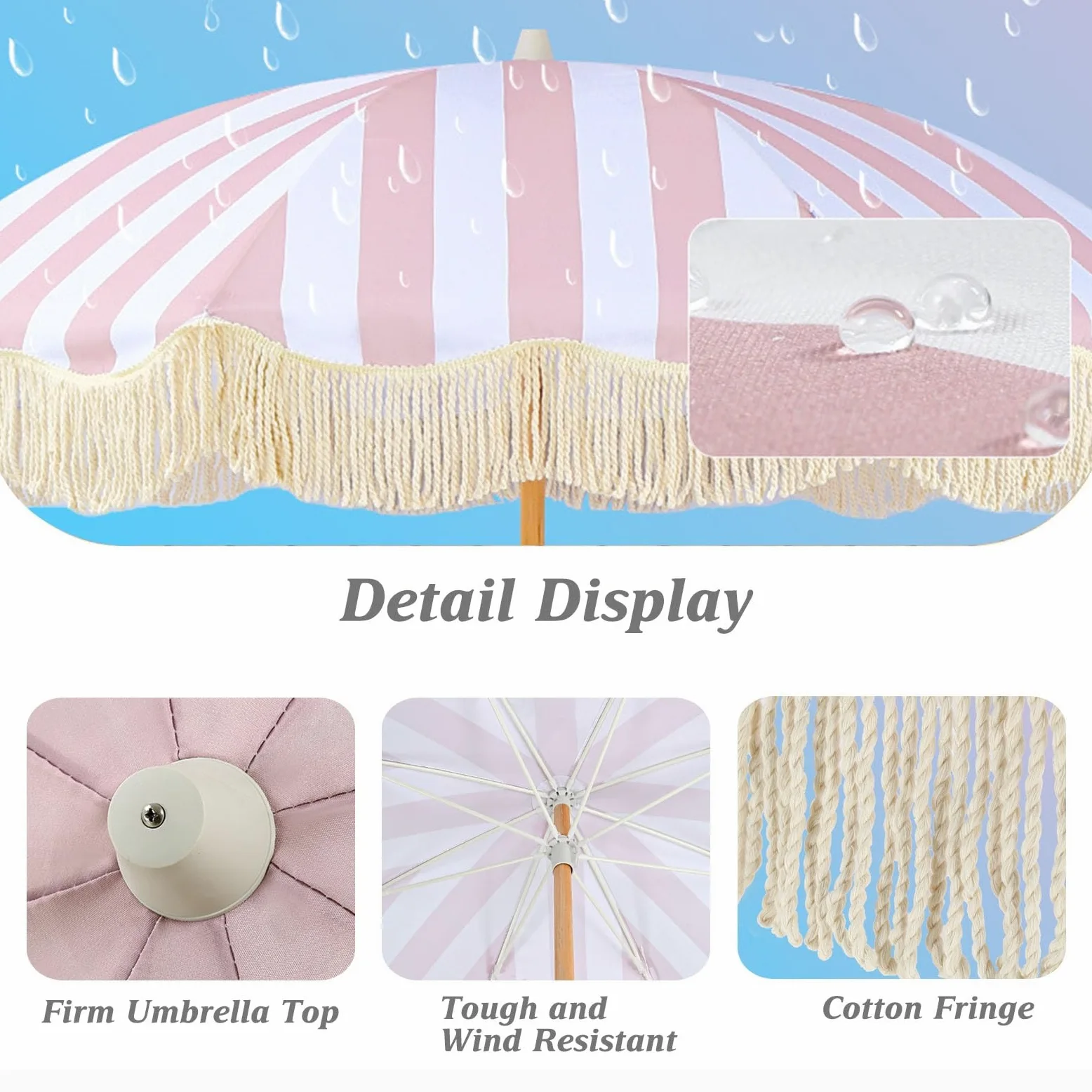 Sombrilla De Playa Grande Antiviento 2m Rosa Sombrillas Terraza Parasol De Jardín Anti UV Parasol Terraza De Jardín Sombrilla Jardin Exterior Con Borlas Para Piscina Balcón Y Césped