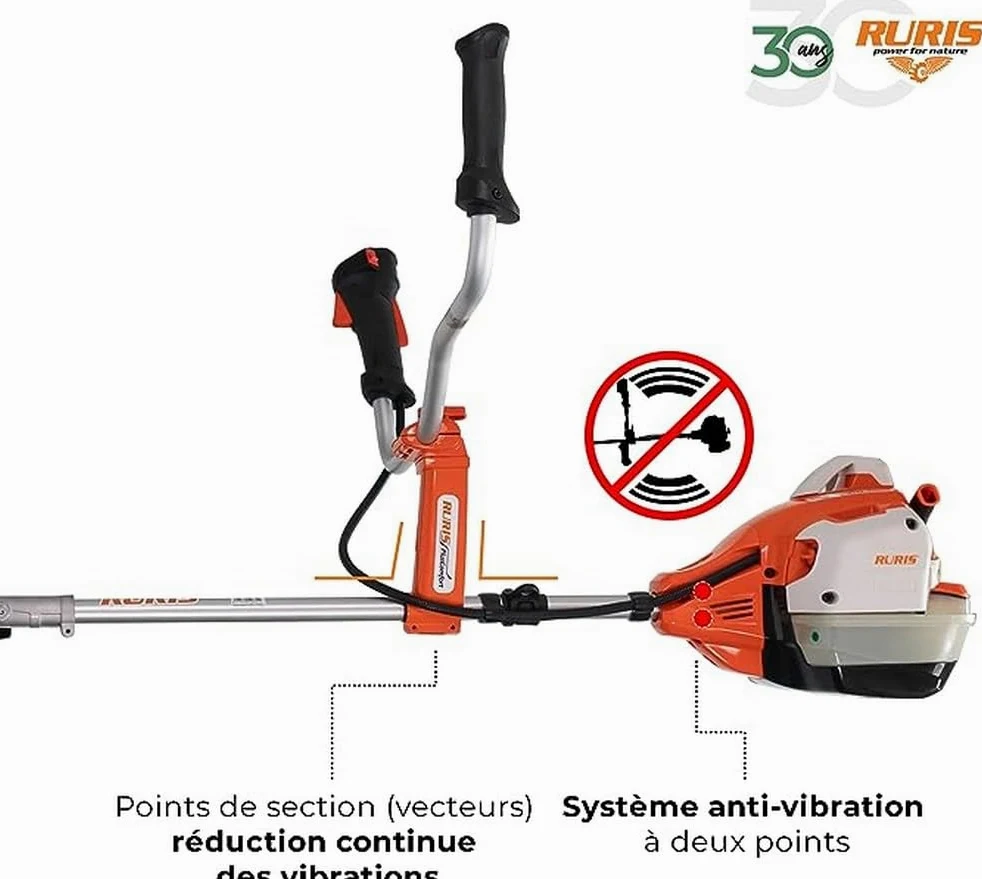 RURIS POWER FOR NATURE Desbrozadora térmica RR362 2 Tiempos 36,3 cm3, 2,4 CV, 255 mm – Arnés de Doble Balance, Asas ergonómicas de Dos segmentos