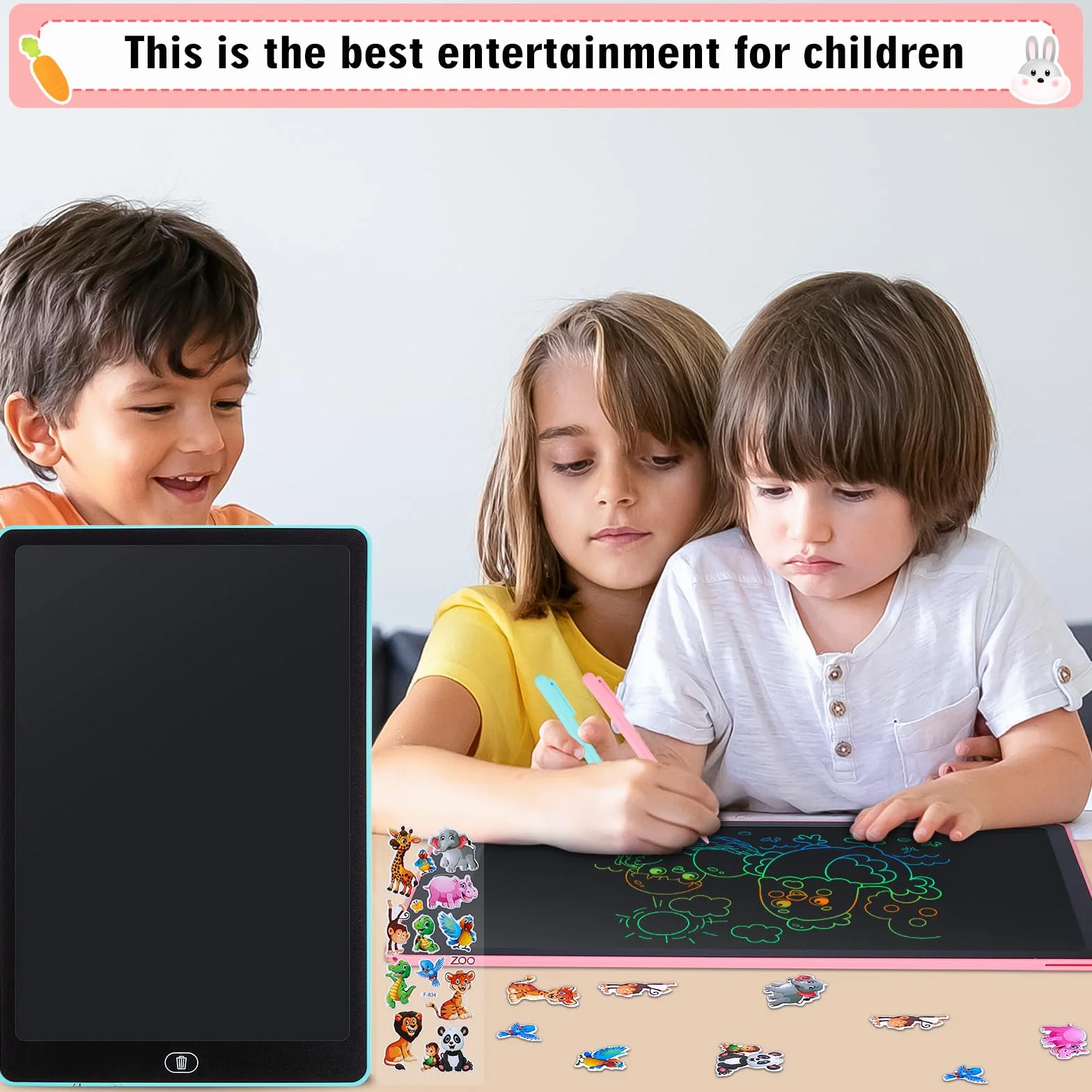 Tableta de Escritura LCD 15 Pulgadas, 2 PCS, Tablero de Dibujo Electrónico con Pantalla Colorida, Cuaderno Borrable, Pegatinas de Animales, para Niños 3-6 Años, Azul + Rosa