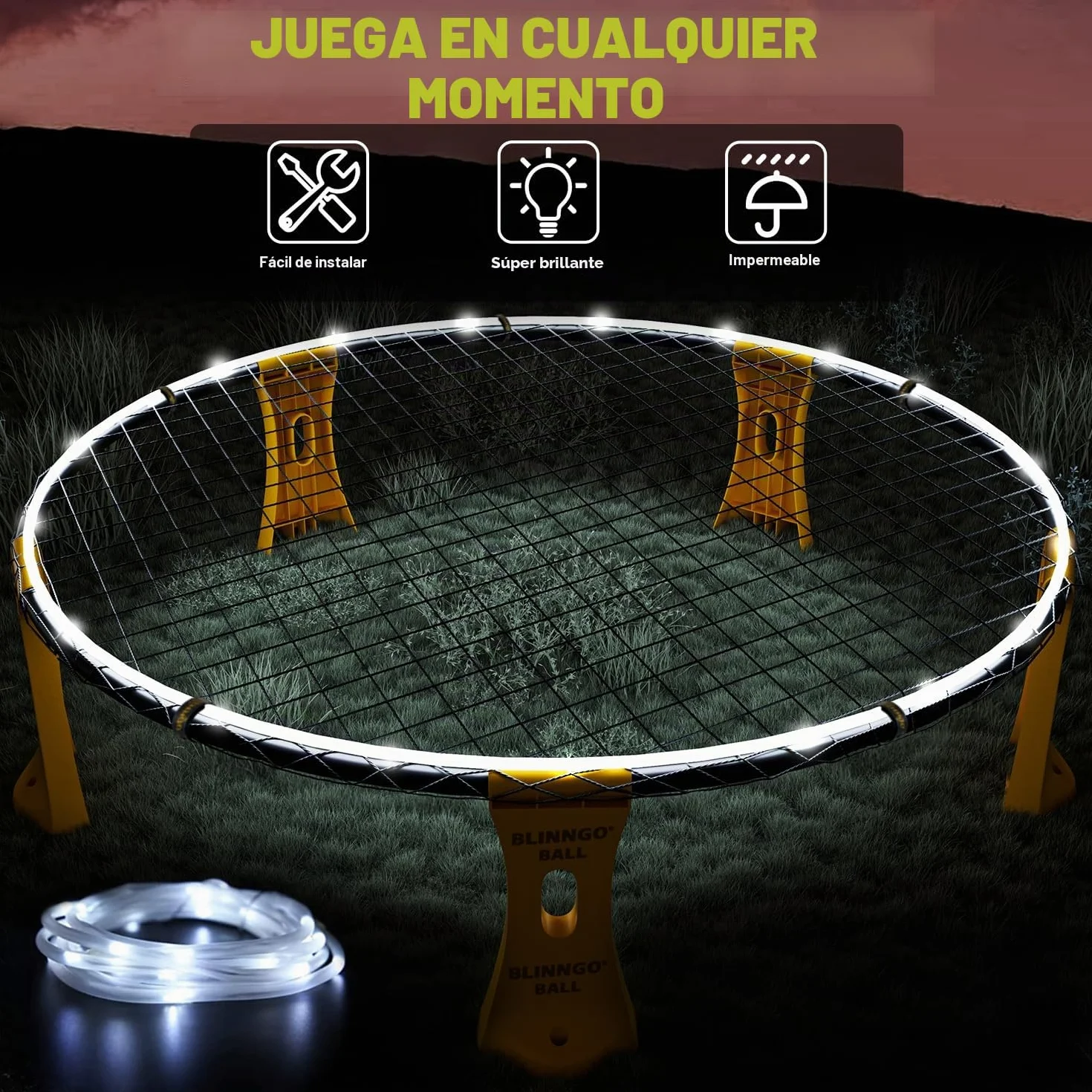 Set de Roundnet con luces para exterior: 3 pelotas, red de juego y competición, bolsa, bomba e instrucciones