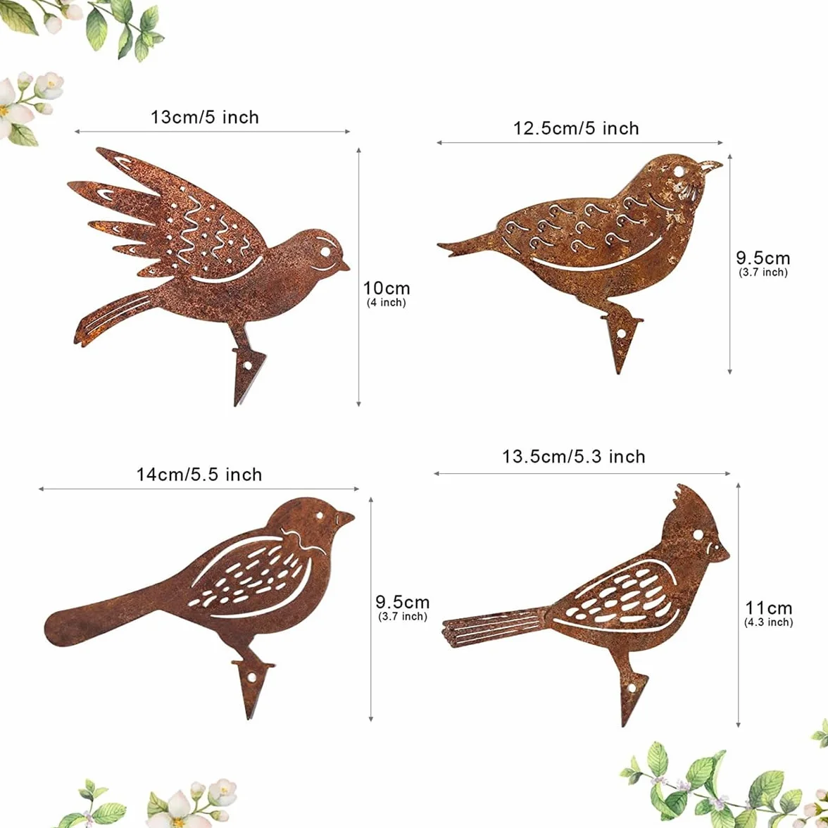 Paquete de 4 estacas de metal con pátina rústica para pájaros, ideales para vallas de madera y adornos de jardín.