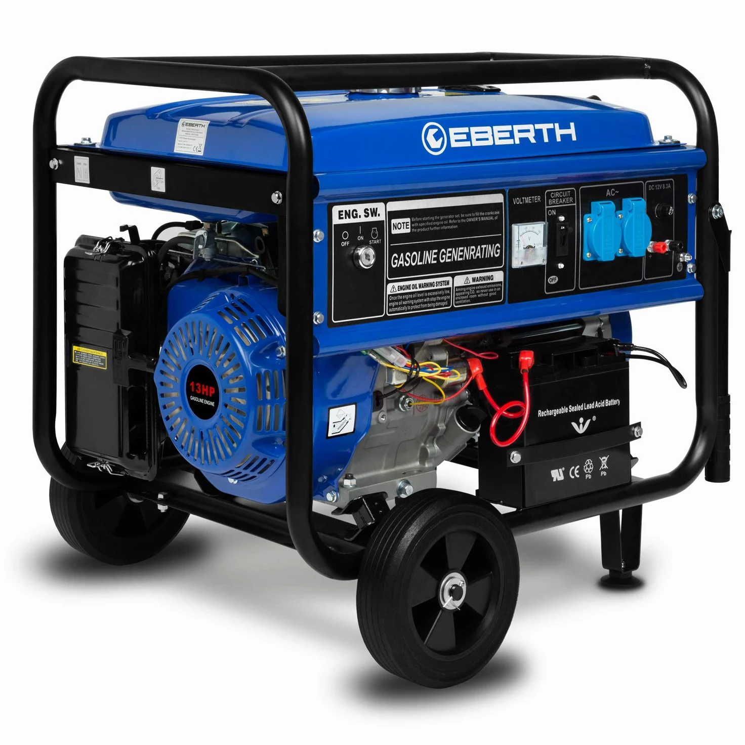 EBERTH Generador de corriente de gasolina de 5500 W con chasis, arranque eléctrico, AVR, motor de gasolina de 13 CV, 4 tiempos, refrigerado por aire, arranque por cuerda, 1 fase, 2 x 230 V, 1 x 12 V
