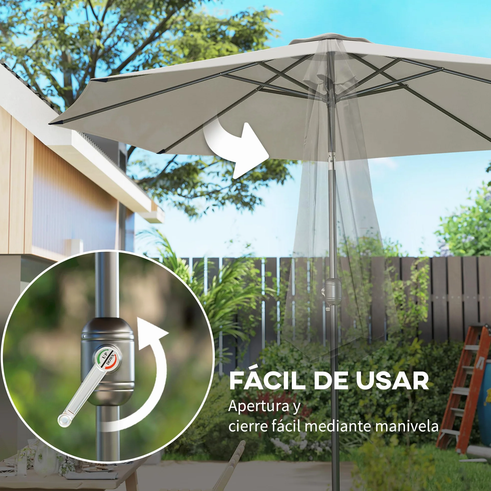 Outsunny Sombrilla de Jardín Ø300x250 cm con Manivela Parasol Exterior con Mecanismo de Inclinación y Poste Desmontable de Metal para Terraza Piscina Patio