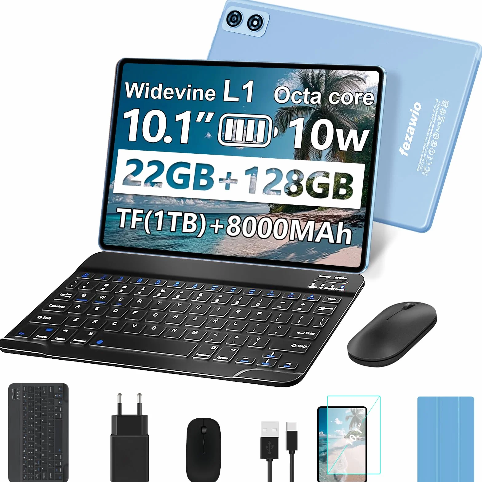 Tablet 10 Pulgadas Android 14, 22GB RAM+128GB ROM Octa-Core, 5G WiFi, 8000 mAh, 1TB TF, Gris