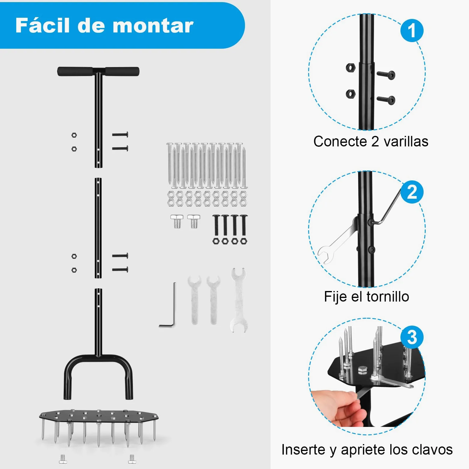 Aireador de Césped Manual con 18 Picos, Herramienta de Aireación Desmontable, Empuñadura en T y Placa de pie Ancha