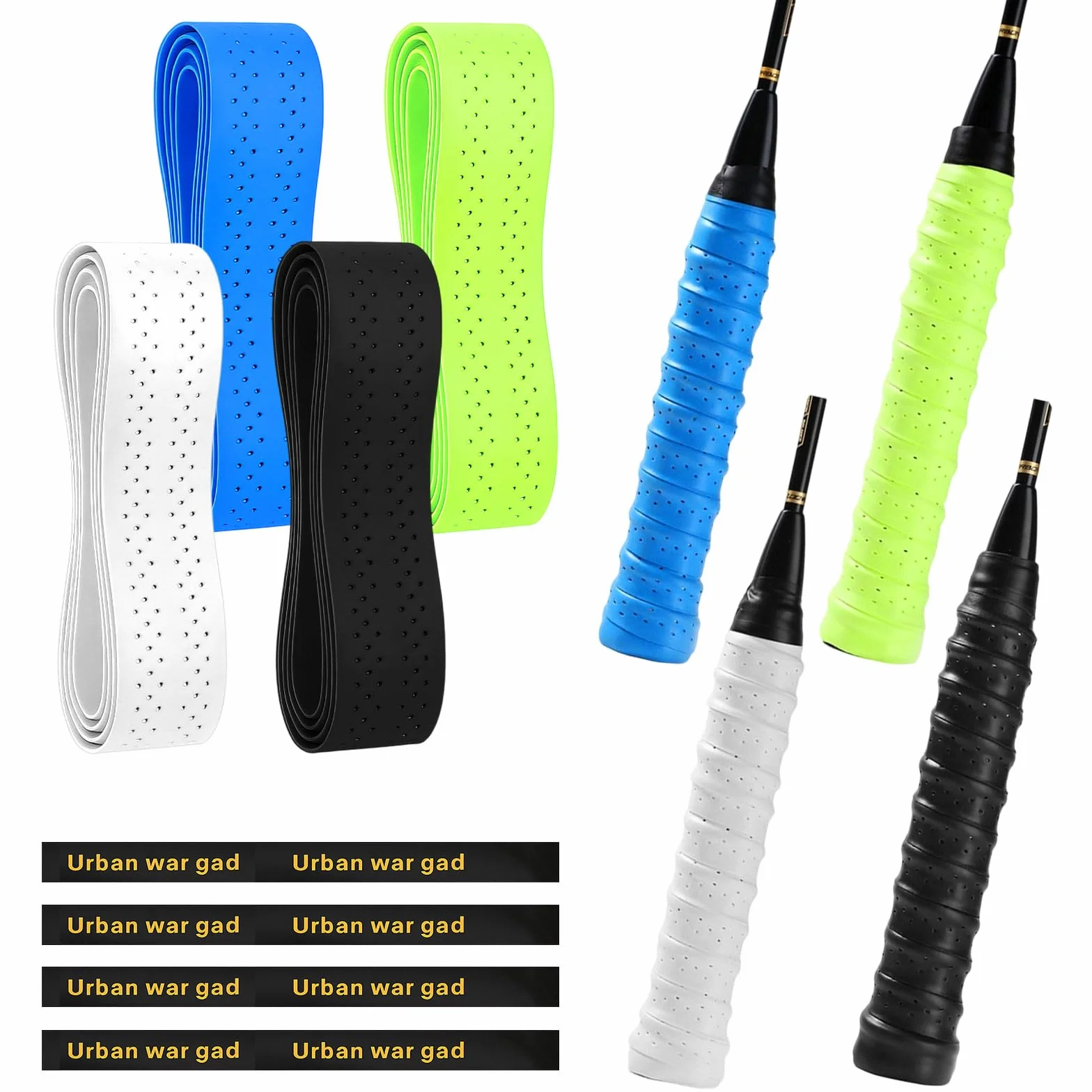 Agarre de Raqueta de Bádminton - 4 Pcs Antideslizante - 110 × 25 mm, Transpirables, Blanco, Azul, Verde, Negro